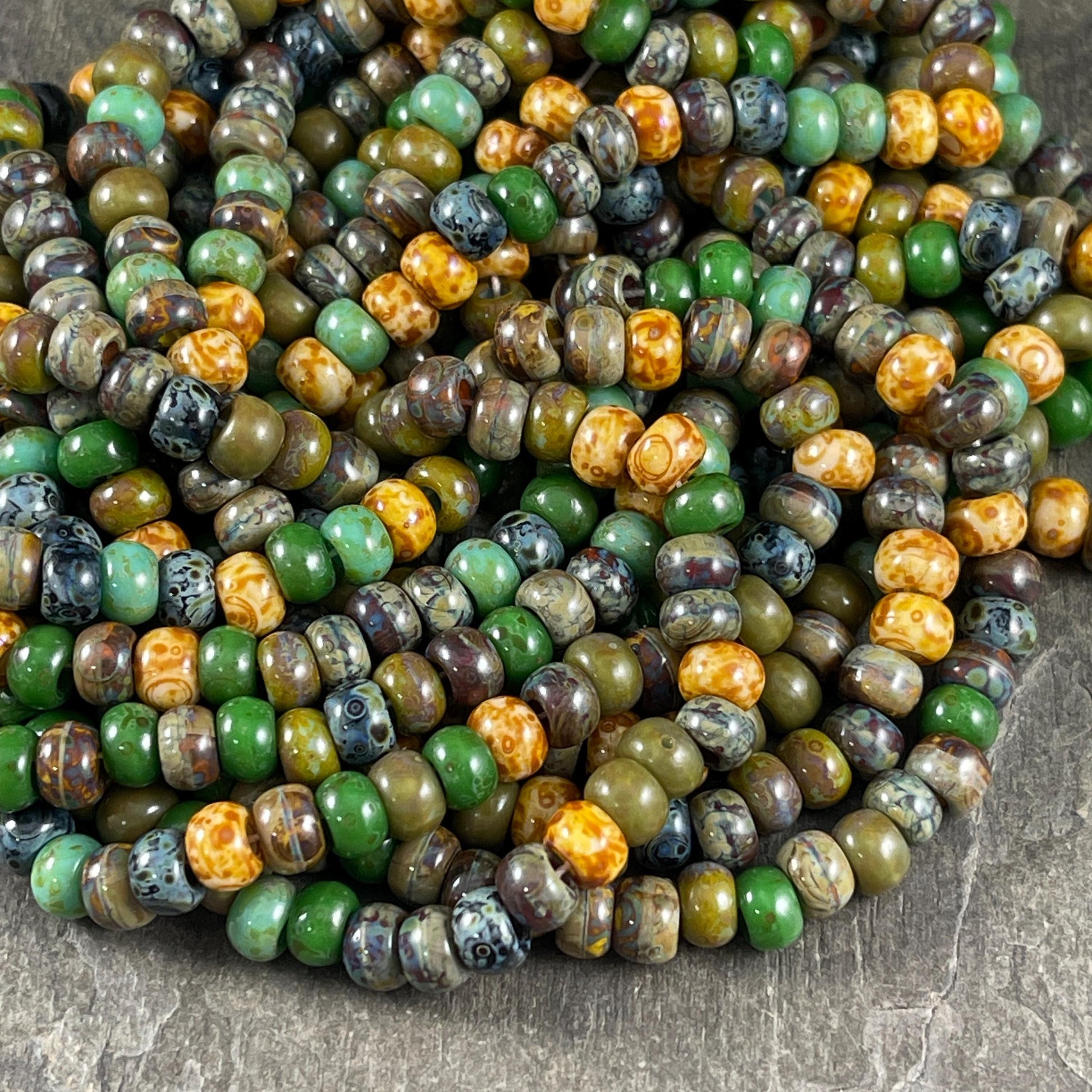 2/0 Green Picasso Seed Bead Mix, 6mm Turquoise, Olive and Kelly Green, Brown, Beige and Black Picasso Seed Bead (2/0-Jade) * 20" Strand