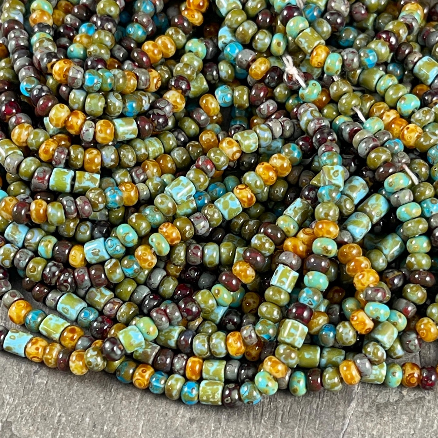 Czech Glass Beads - 6/0 Seed Bead Mix with Tubes, 4mm Turquoise, Burgundy, Beige and Olive Green Picasso (6/0-Azul Heart) * 19" strand