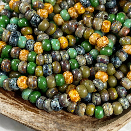 Czech Glass Beads - 2/0 Seed Bead Mix, 6mm Turquoise, Green, Brown, Beige and Black Picasso (2/0-Jade) * 20" Strand