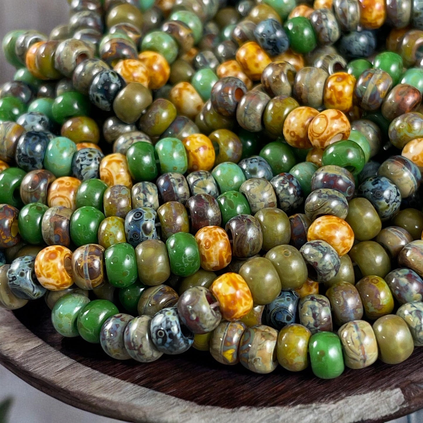 2/0 Green Picasso Seed Bead Mix, 6mm Turquoise, Olive and Kelly Green, Brown, Beige and Black Picasso Seed Bead (2/0-Jade) * 20" Strand