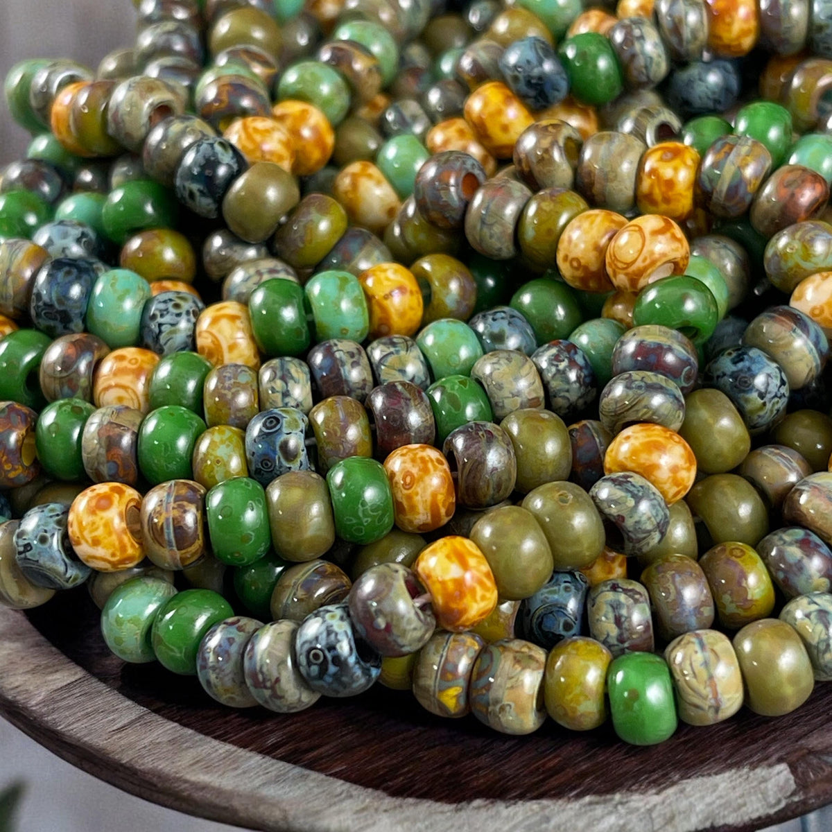 Czech Glass Beads - 2/0 Seed Bead Mix, 6mm Turquoise, Green, Brown, Beige and Black Picasso (2/0-Jade) * 20" Strand