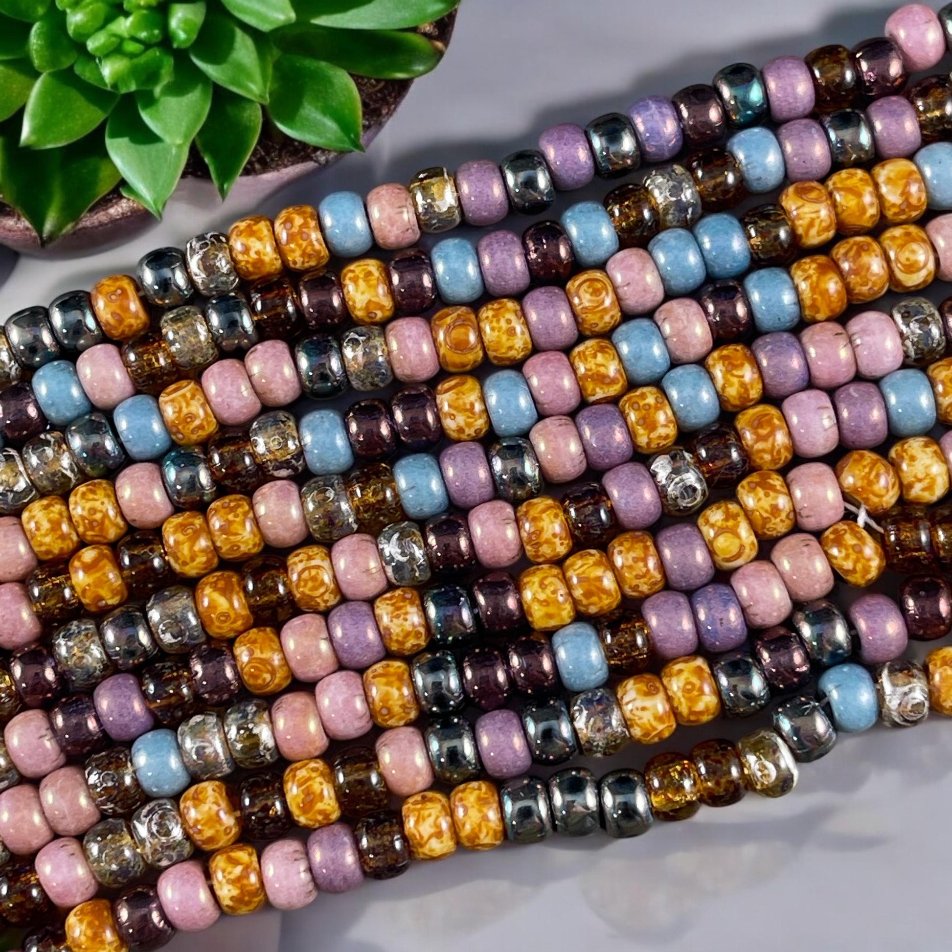 2/0 Tulip Picasso Luster, 6mm Picasso Seed Bead Mix with Pink, Purple, Topaz, Champagne, Beige and Gunmetal Beads (2/0-Tulip) * 20" Strand
