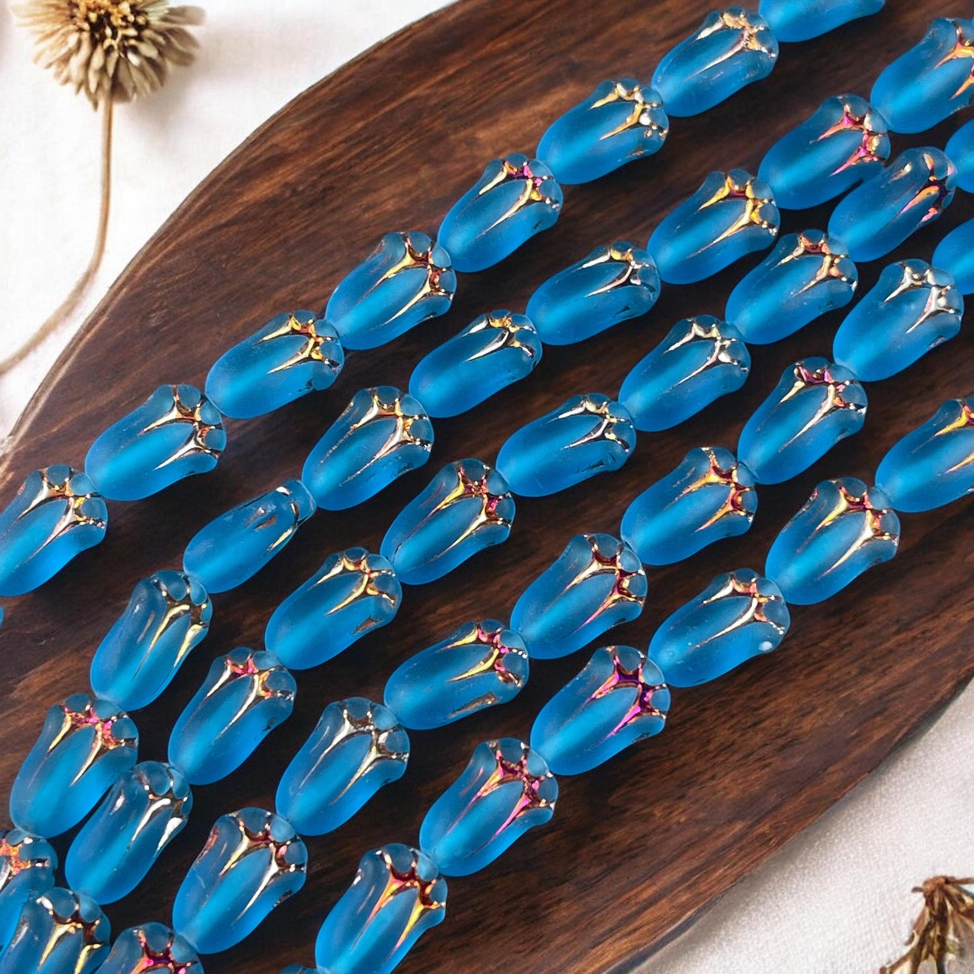 Czech Glass Beads - 12x8mm Lily Bud Flower, Matte Blue with Sliperit Finish (LBud29) * Qty. 12