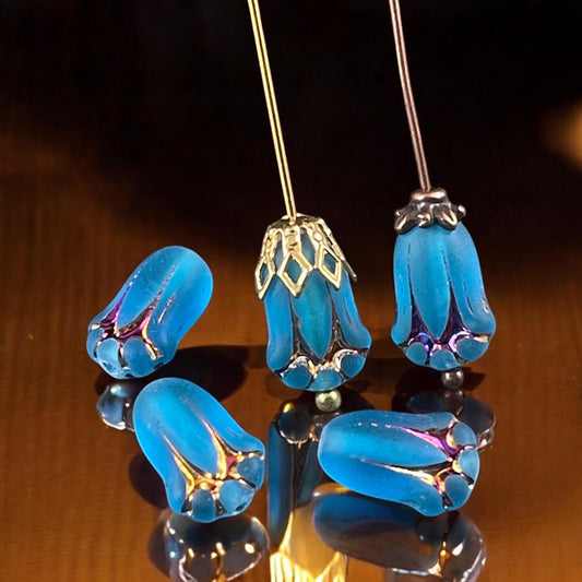 Czech Glass Beads - 12x8mm Lily Bud Flower, Matte Blue with Sliperit Finish (LBud29) * Qty. 12