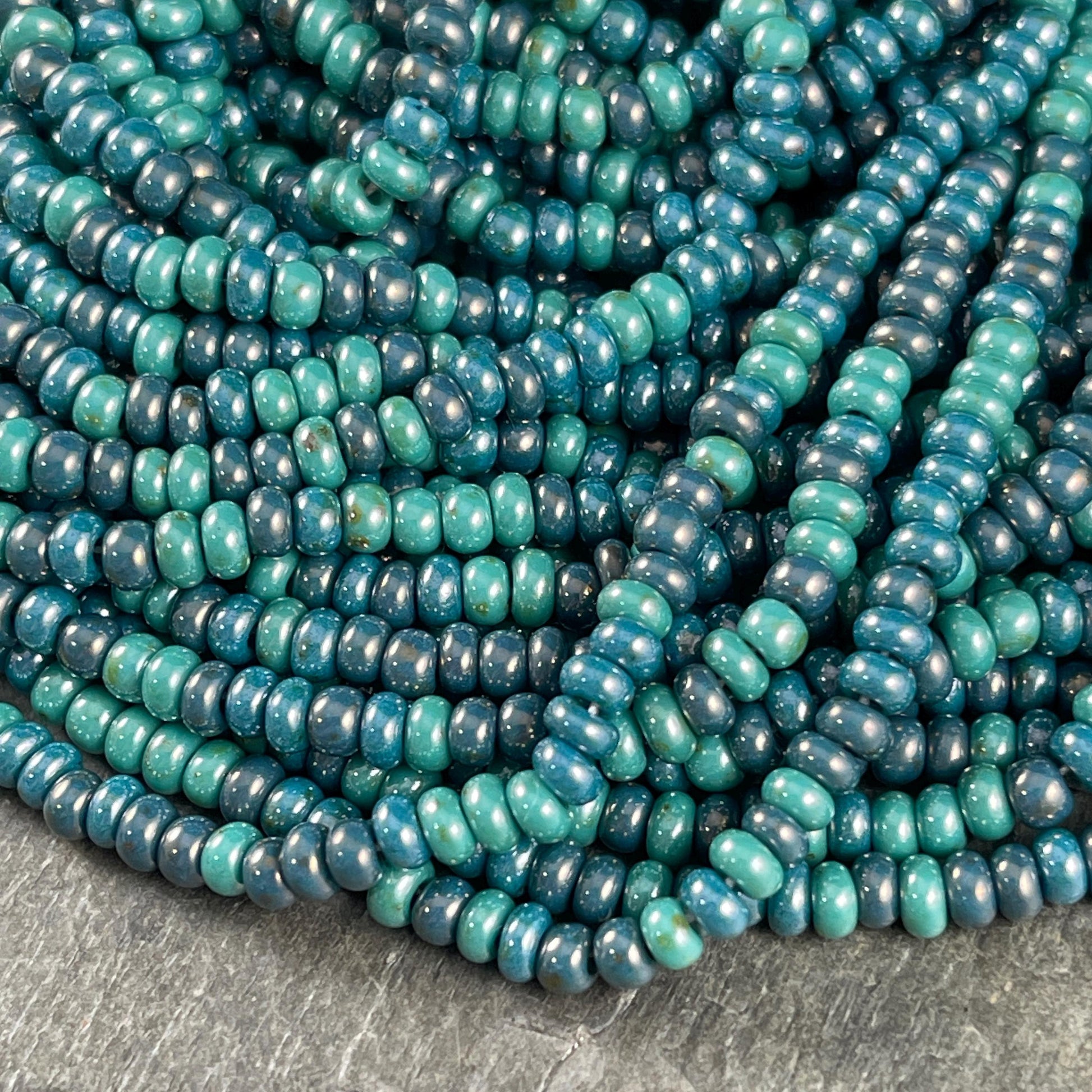 6/0 Picasso Seed Beads, 4mm Teal and Turquoise Aged Picasso Seed Bead Mix (6/0-Goblin) * 20" strand