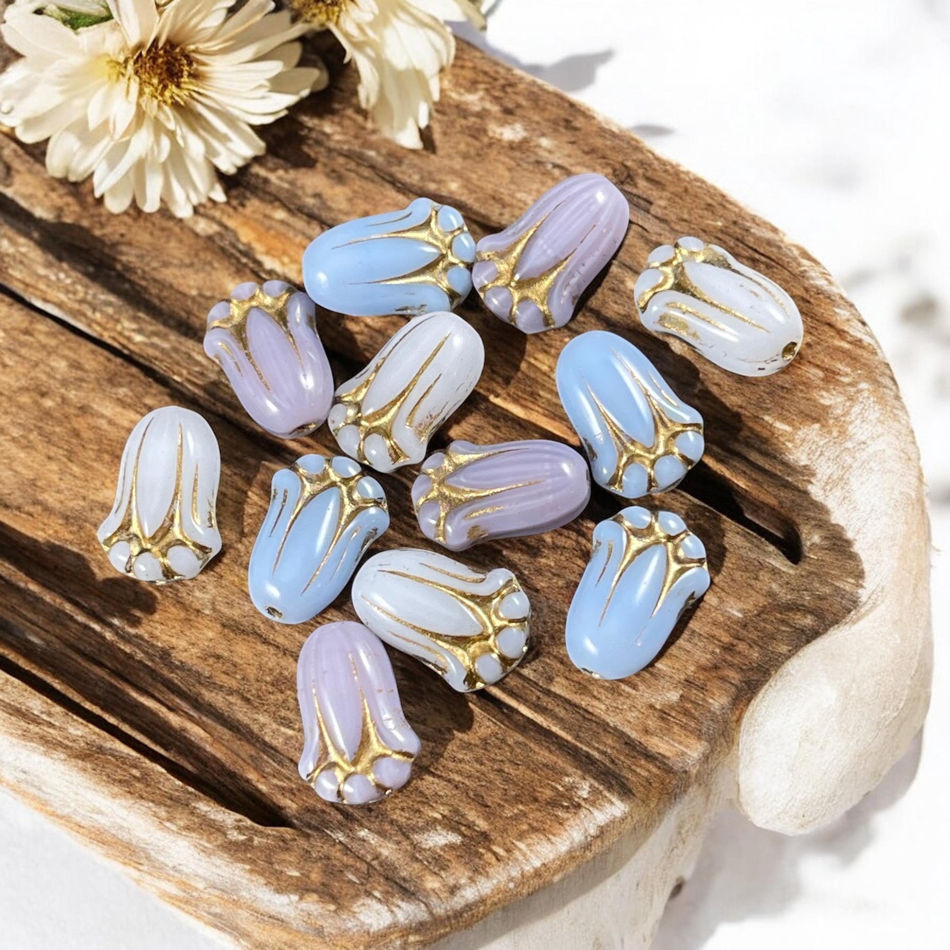 12x8mm Lily Bud Flower Assortment, White, Light Blue and Lavender Flower Beads (LBud-Mix2) * Qty. 12