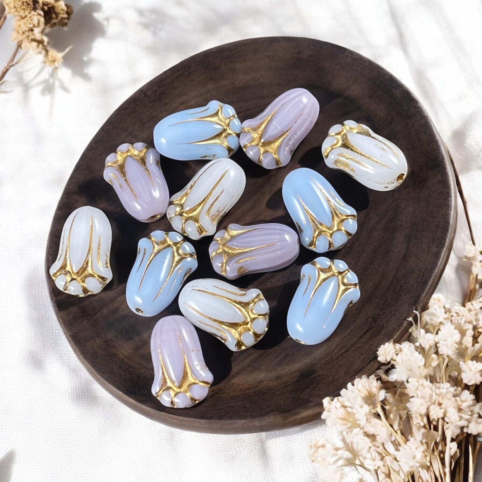 12x8mm Lily Bud Flower Assortment, White, Light Blue and Lavender Flower Beads (LBud-Mix2) * Qty. 12