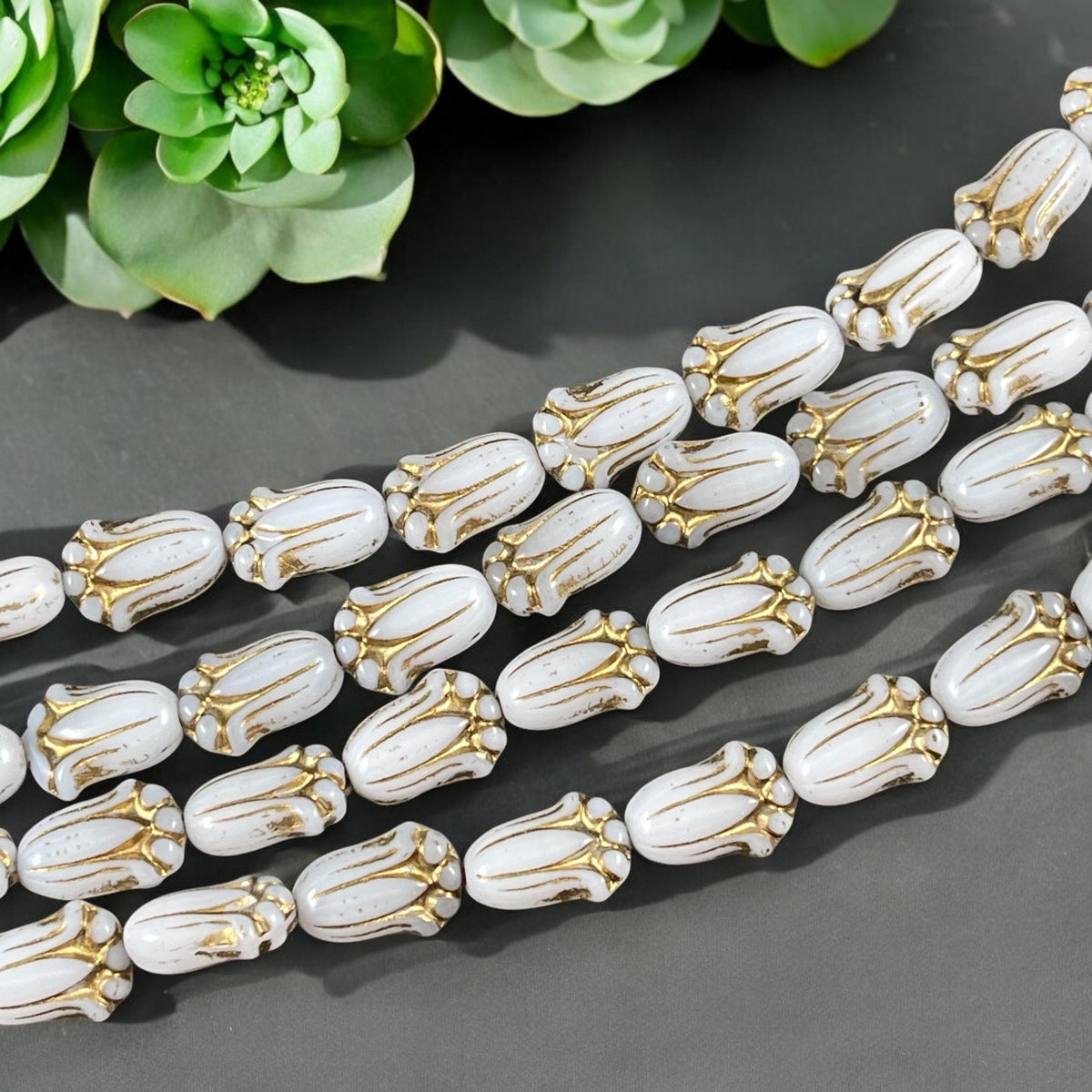 Czech Glass Beads - 12x8mm Lily Bud, Opaque Alabaster White with Gold Wash (LBud9) * Qty. 12