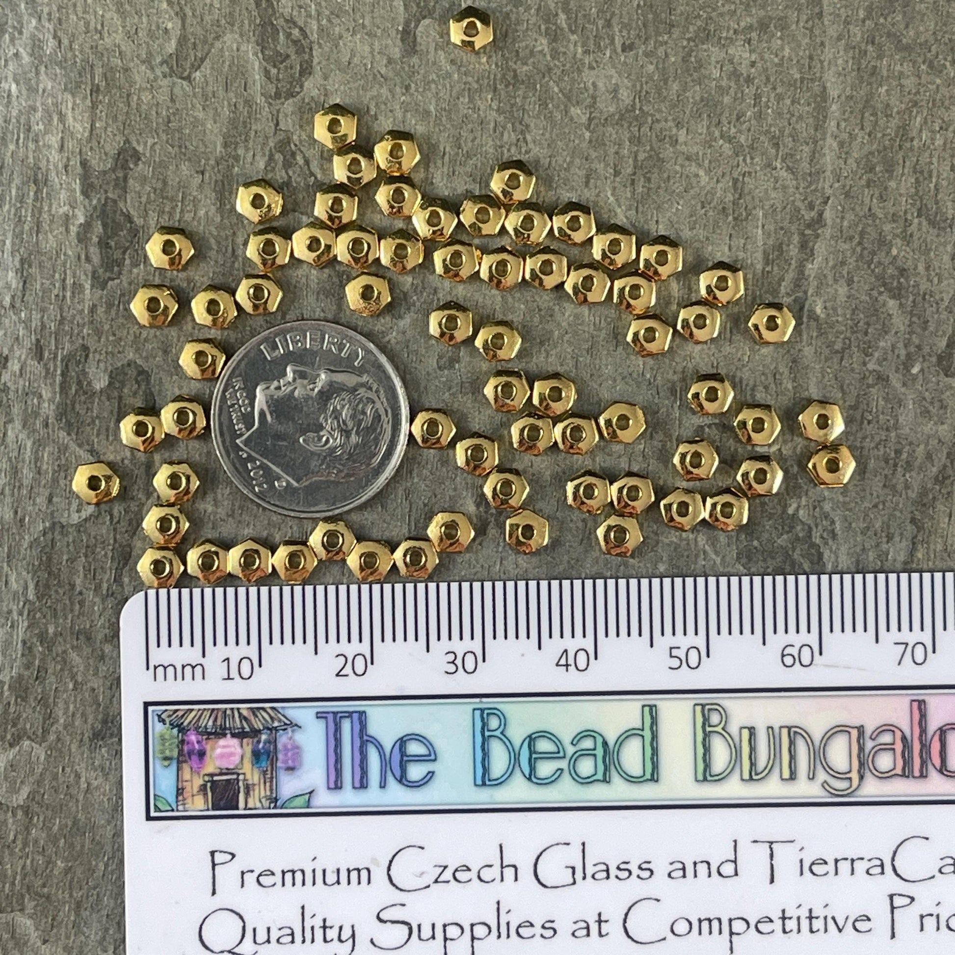 NEW TierraCast 4mm Gold Hexagonal Spacer Beads, Nickel Free 24k Gold Plated Pewter Hex Rondelle Beads (PF/387-12) * Qty. 50