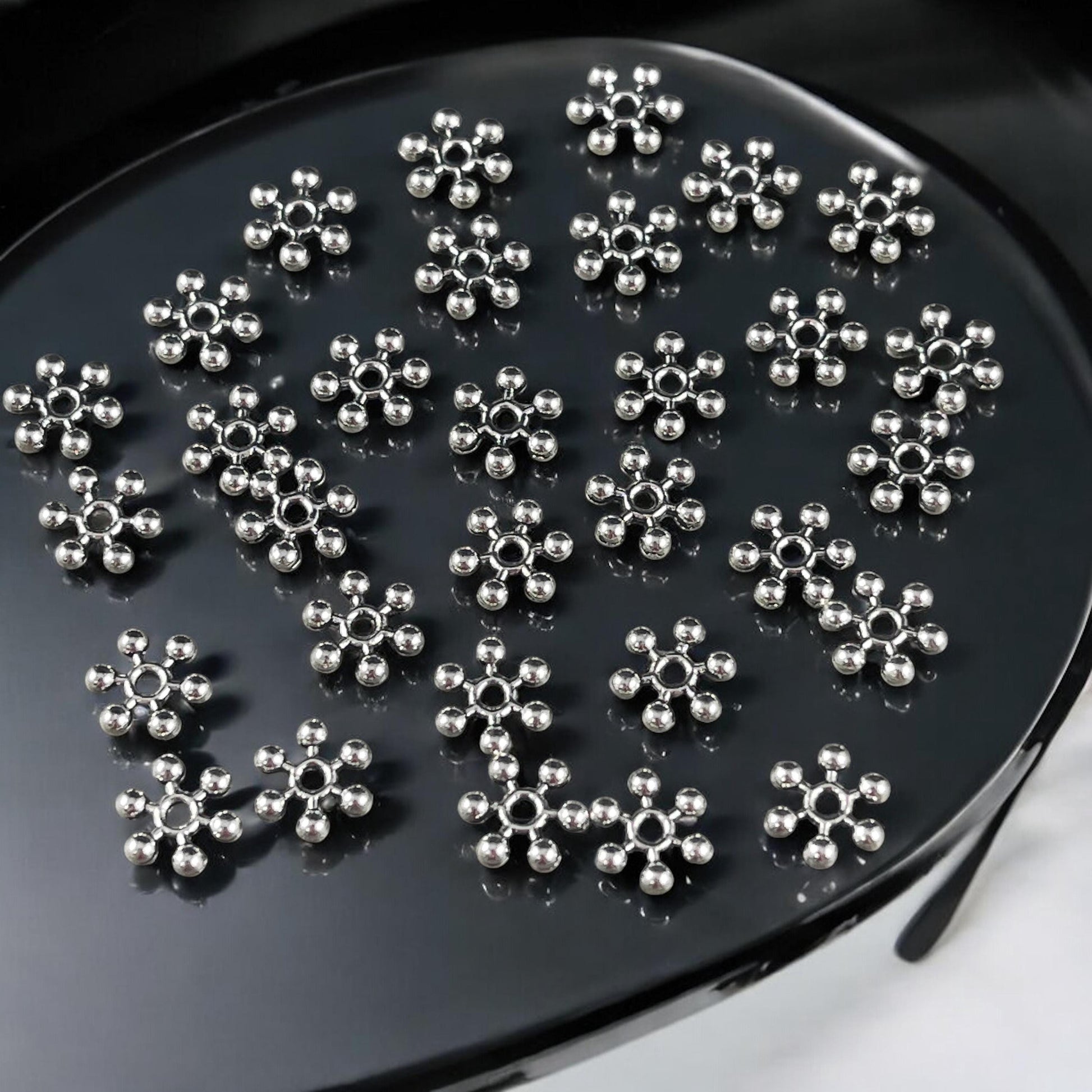 Antiqued Silver Snowflake Bead, 7.5mm diameter with 1mm Hole, Silver Metal Spacer Beads (A402) * Qty. 200