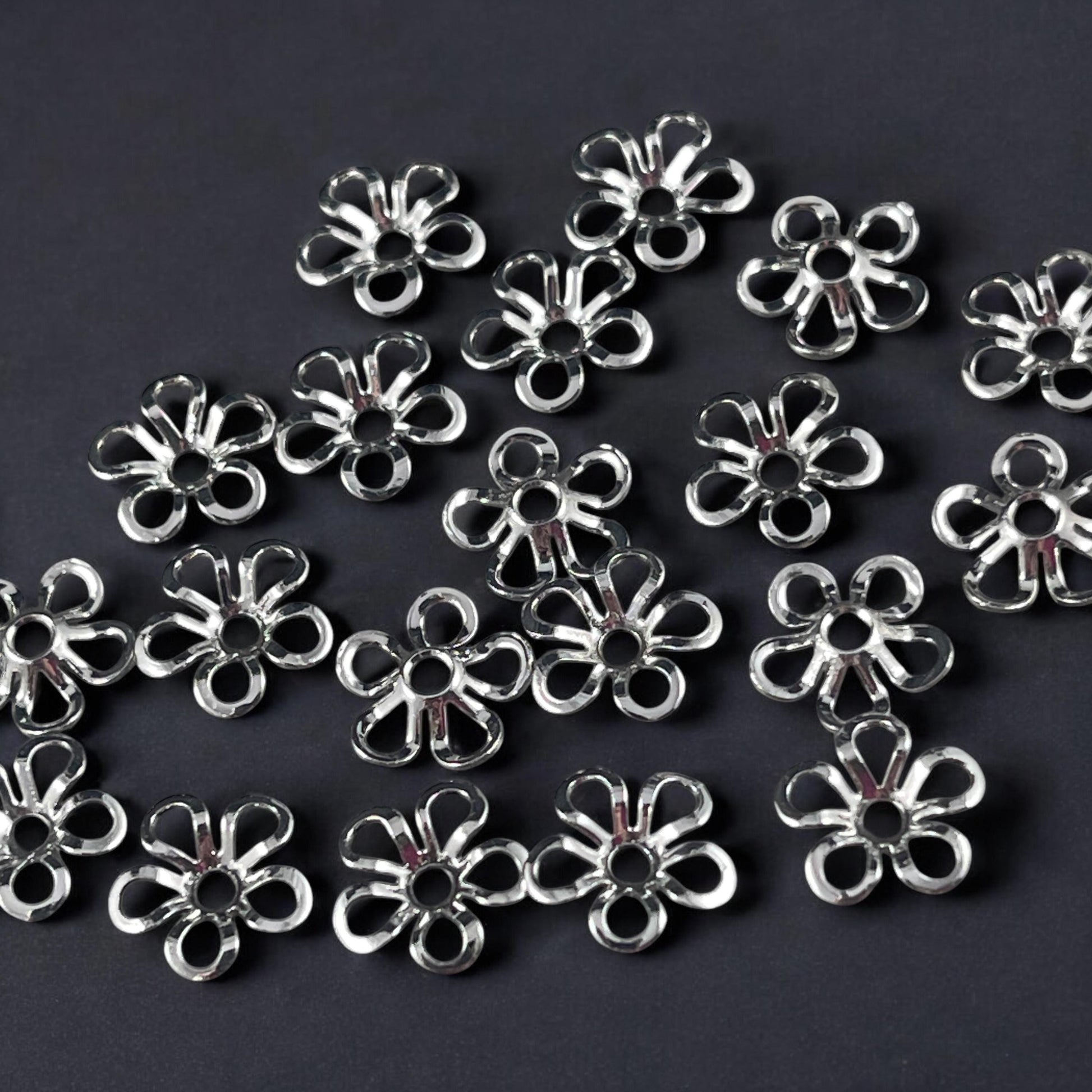 6-Petal Flower Bead Caps, Open Curved Petals, 9mm Platinum Plated Brass Bead Caps (Z030-13C-P) * Qty. 24