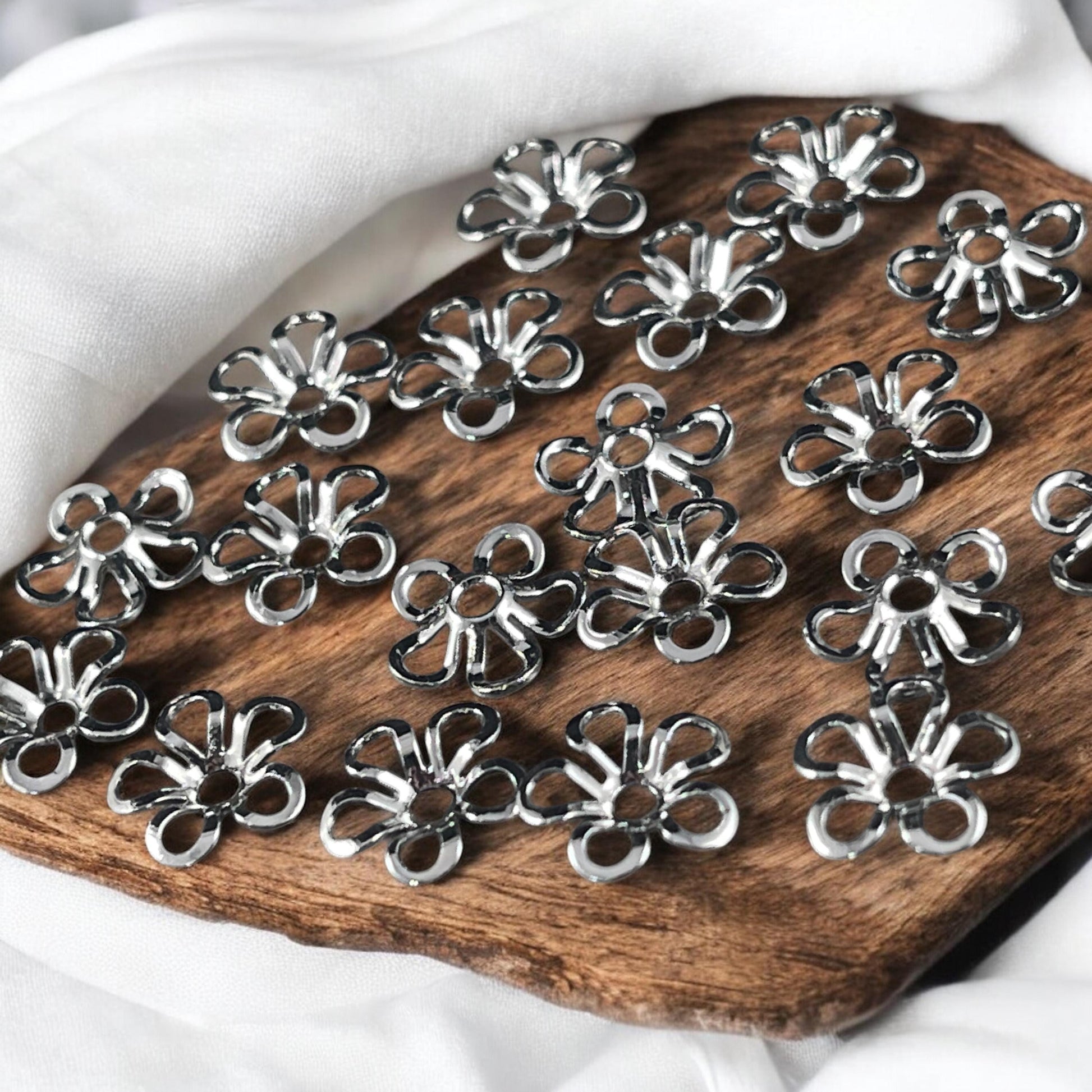 6-Petal Flower Bead Caps, Open Curved Petals, 9mm Platinum Plated Brass Bead Caps (Z030-13C-P) * Qty. 24