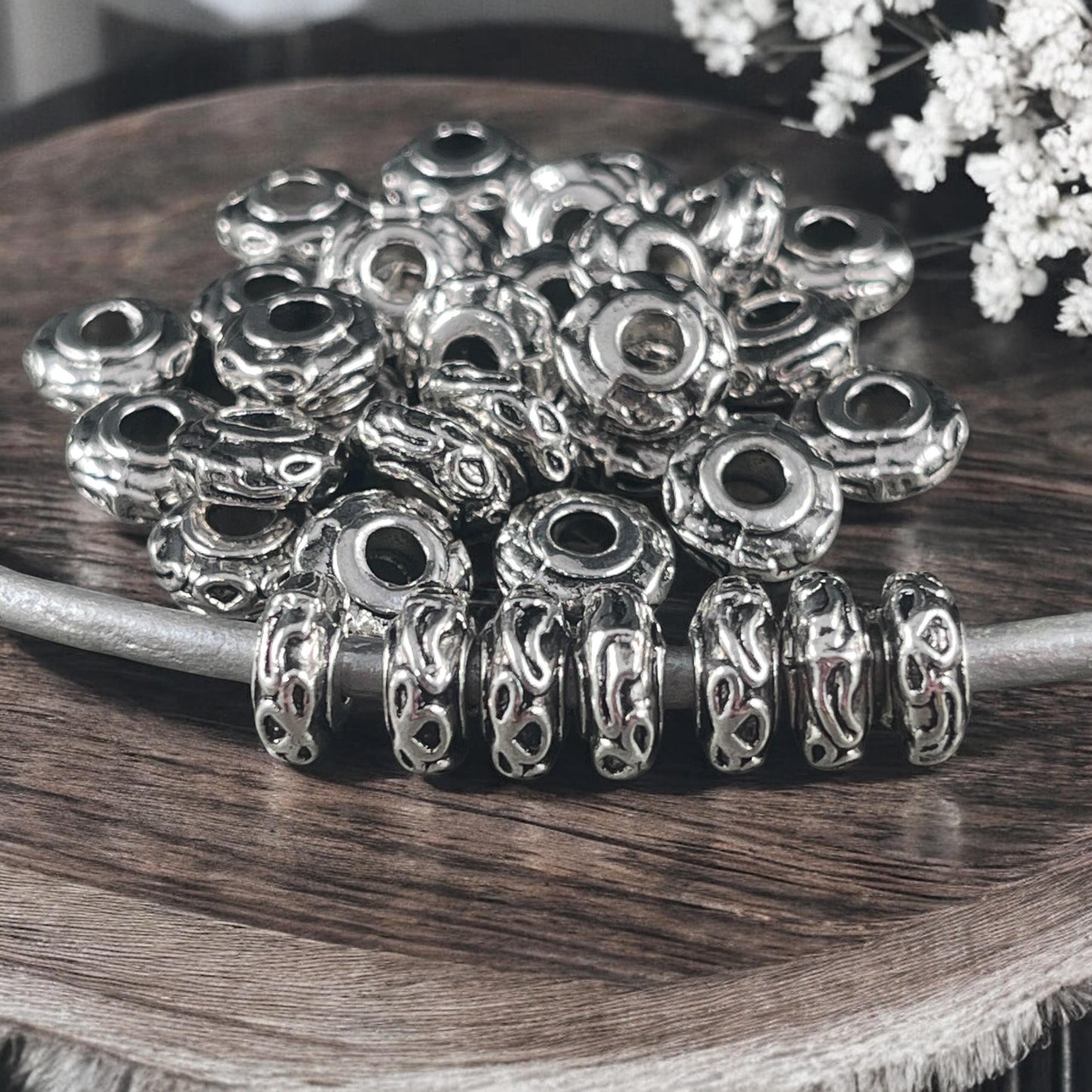 Antiqued Silver Large Hole Rondelle, 9x4mm Rondelle with 3mm Hole (P003-15AS) * Qty. 50