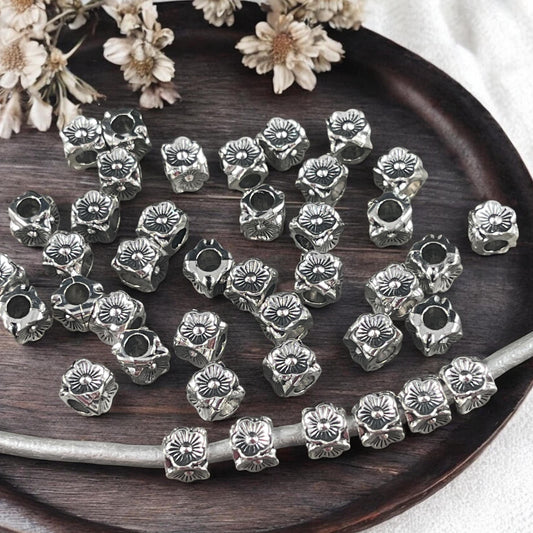Antiqued Silver Large Hole Square with Flowers, 6mm Cube with 3.5mm Hole (U015-32AS) * Qty. 50