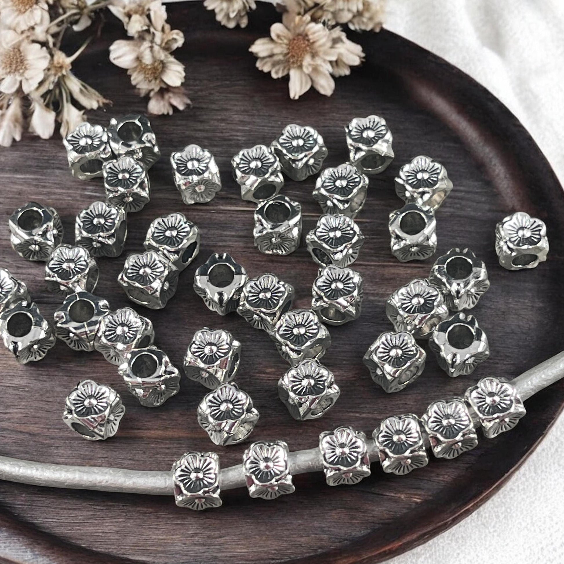 Antiqued Silver Large Hole Square with Flowers, 6mm Cube with 3.5mm Hole (U015-32AS) * Qty. 50