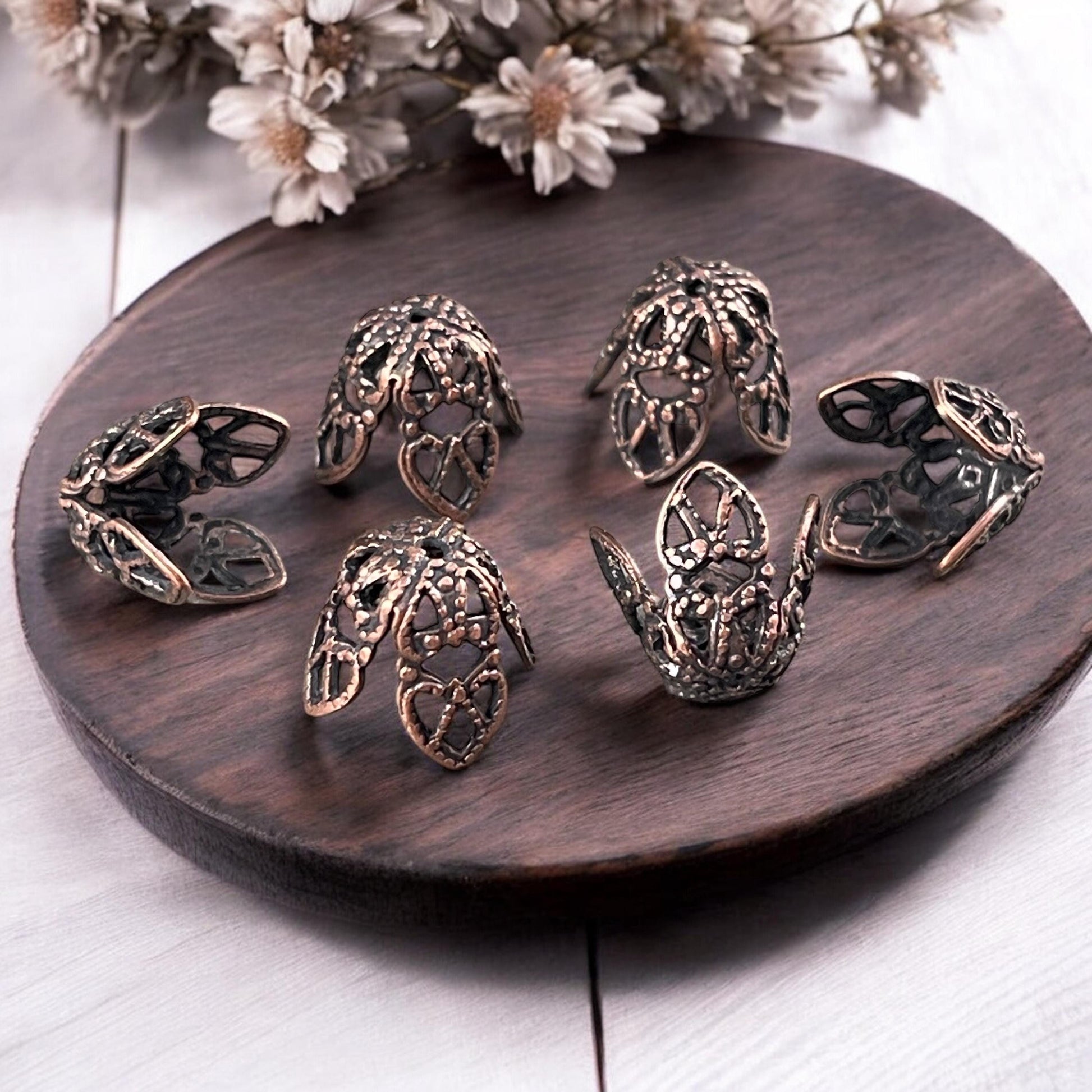 Antiqued Copper Filigree Bead Caps, 9mm Bendable Copper Plated Brass Bead Caps (VJS-R42) * Qty. 6