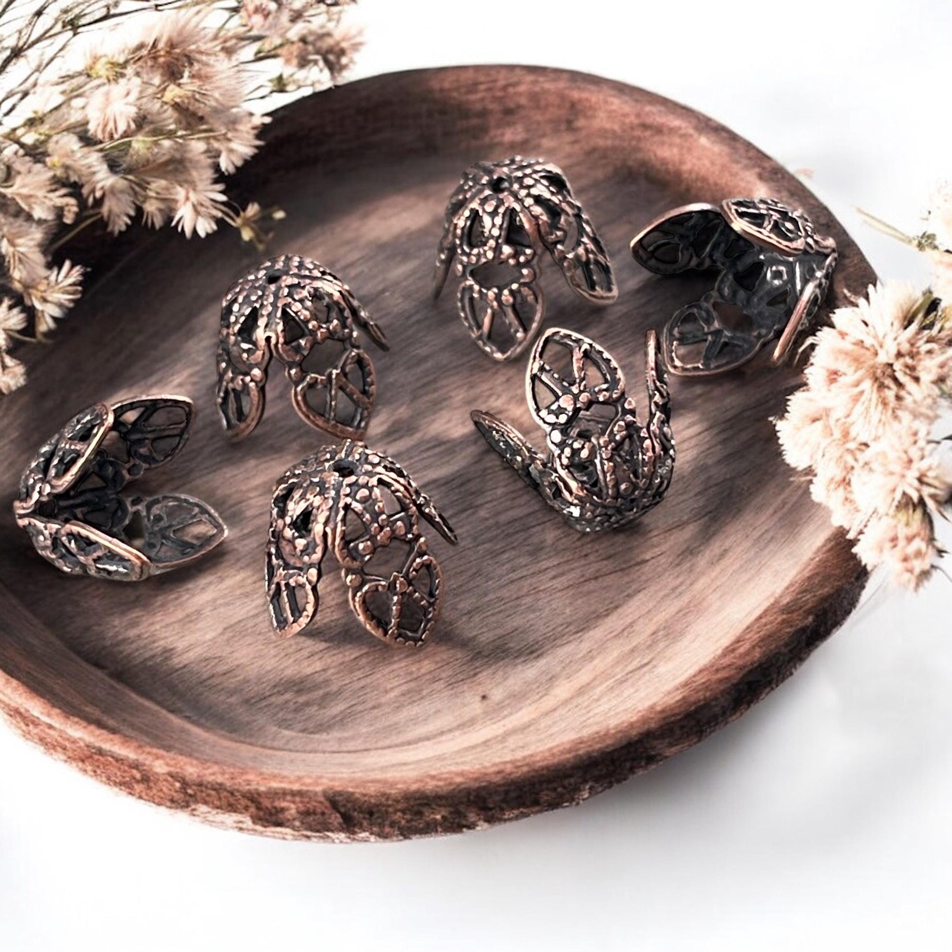 Antiqued Copper Filigree Bead Caps, 9mm Bendable Copper Plated Brass Bead Caps (VJS-R42) * Qty. 6
