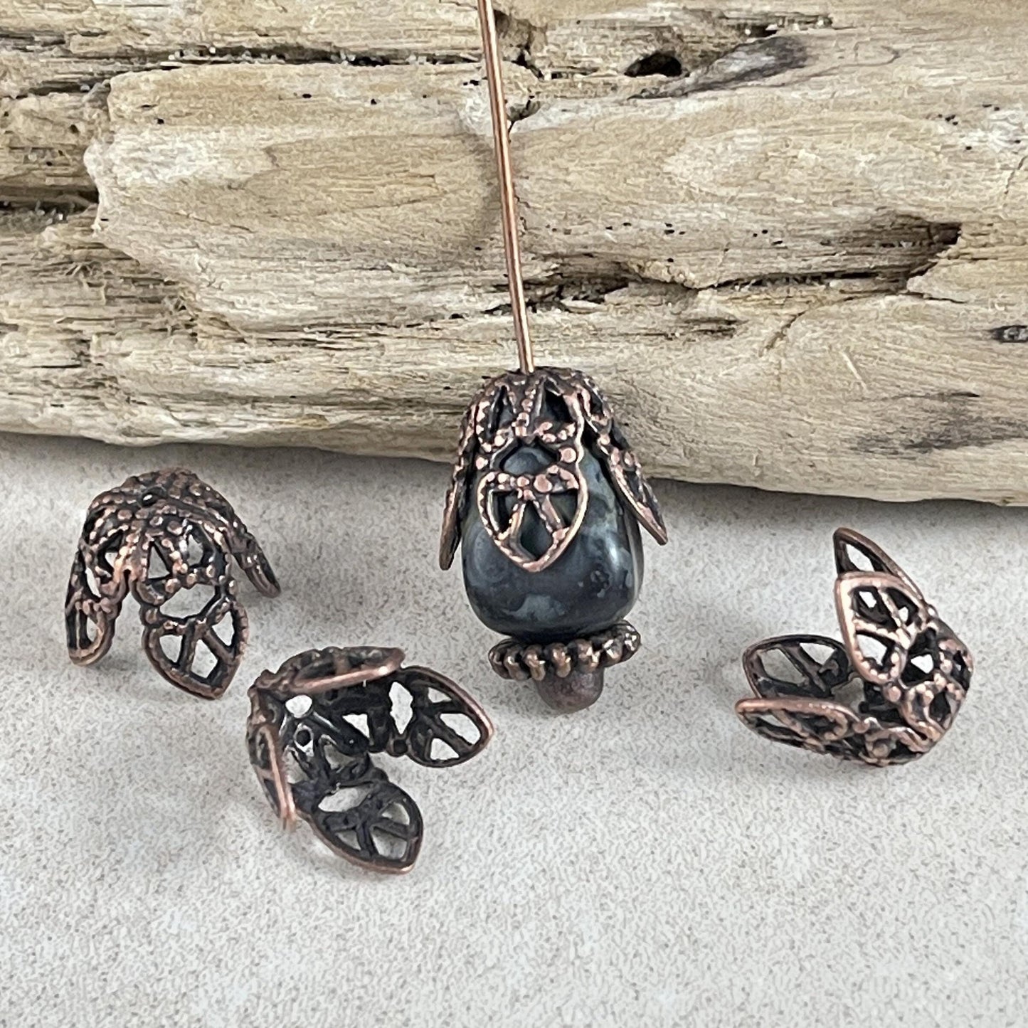 Antiqued Copper Filigree Bead Caps, 9mm Bendable Copper Plated Brass Bead Caps (VJS-R42) * Qty. 6