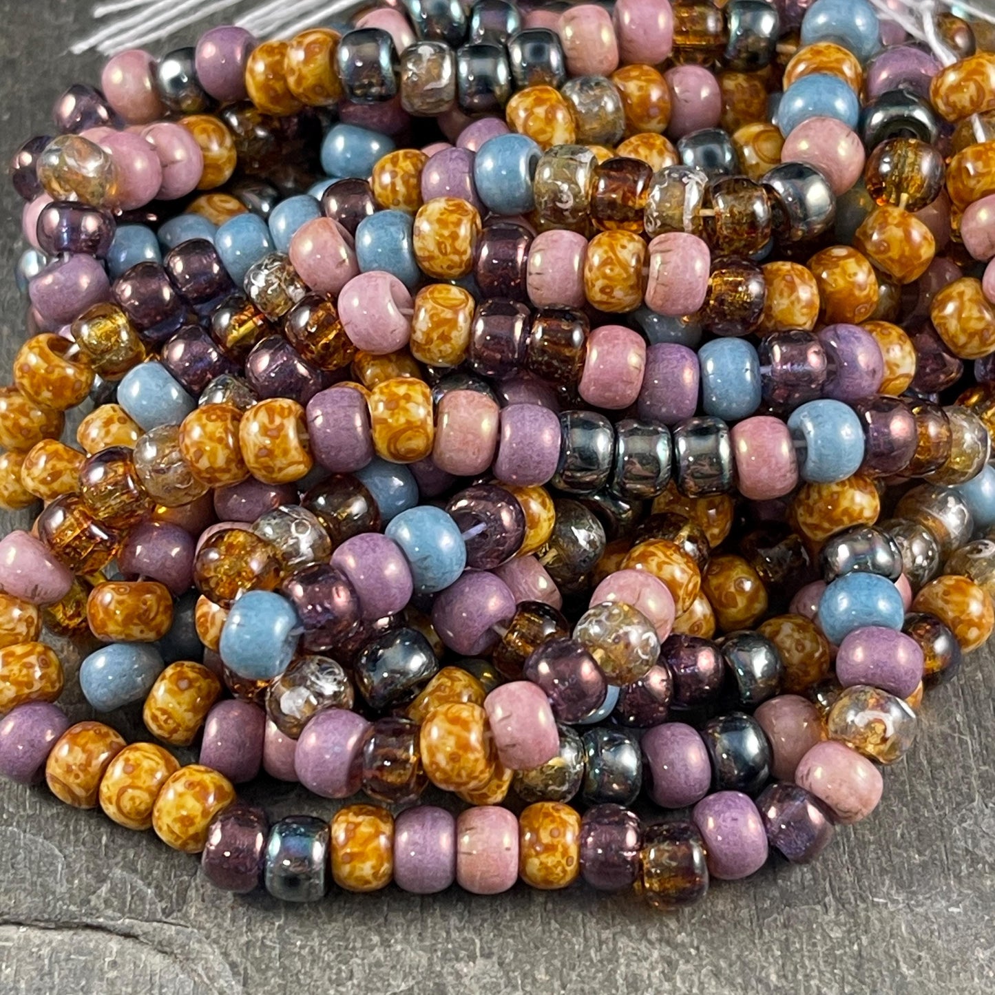 2/0 Tulip Picasso Luster, 6mm Picasso Seed Bead Mix with Pink, Purple, Topaz, Champagne, Beige and Gunmetal Beads (2/0-Tulip) * 20" Strand