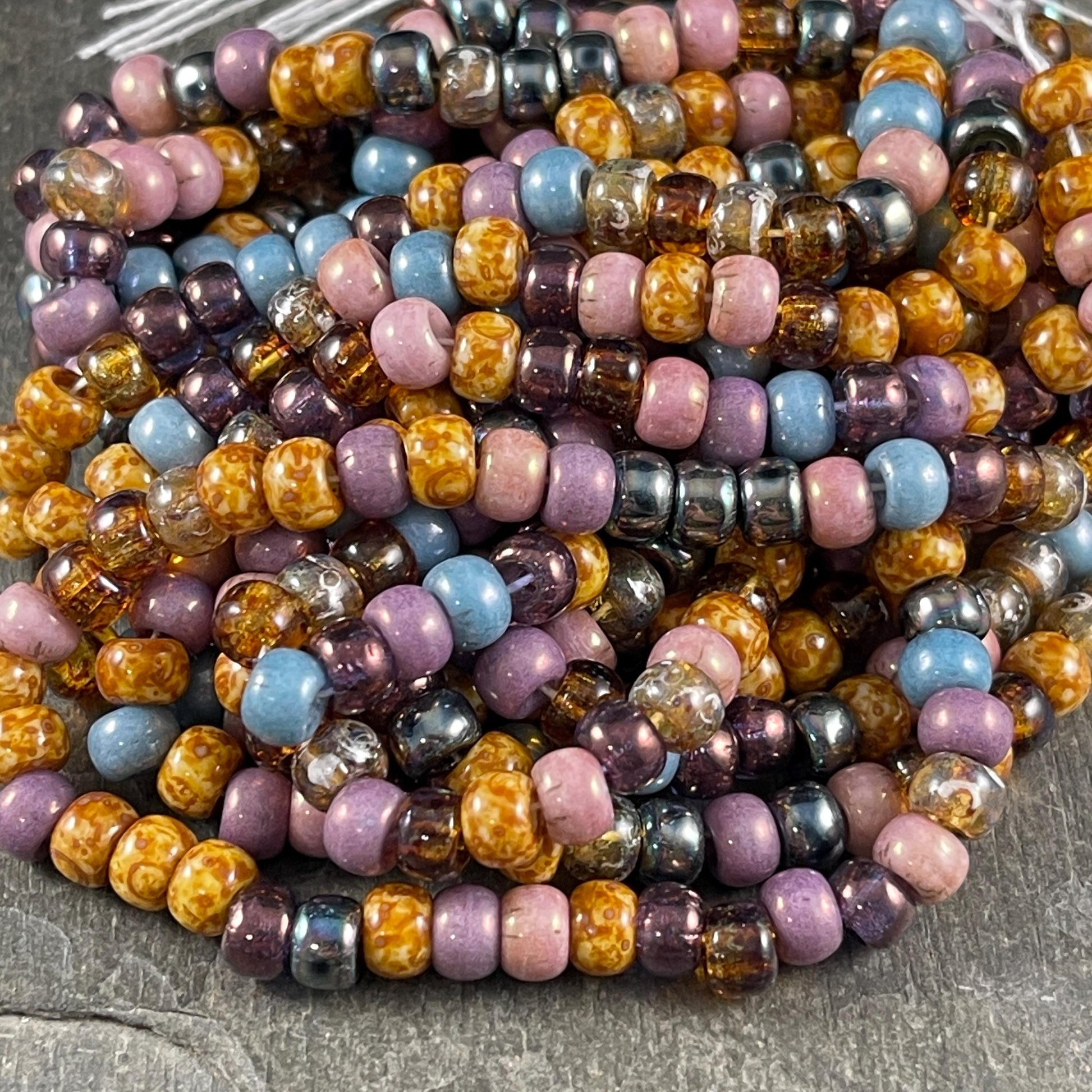 2/0 Tulip Picasso Luster, 6mm Picasso Seed Bead Mix with Pink, Purple, Topaz, Champagne, Beige and Gunmetal Beads (2/0-Tulip) * 20" Strand