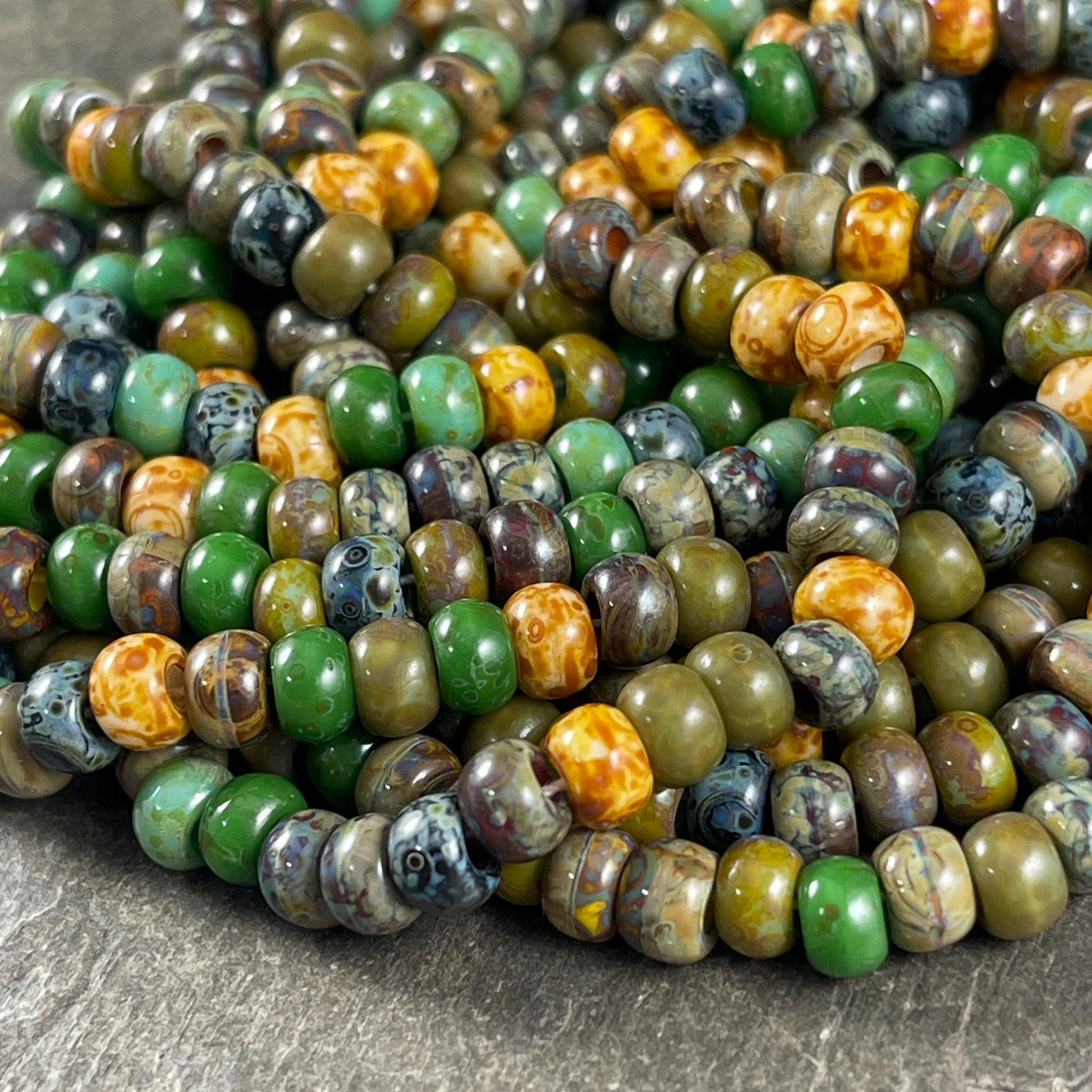 2/0 Green Picasso Seed Bead Mix, 6mm Turquoise, Olive and Kelly Green, Brown, Beige and Black Picasso Seed Bead (2/0-Jade) * 20" Strand