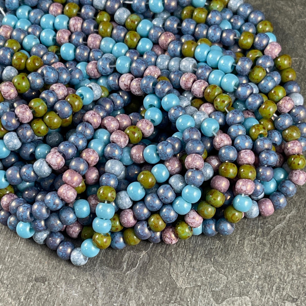Aged Picasso Seed Beads - 4/0 Colorful Seed Bead Mix, 5x4mm Blue, Purple, Green and Pink Czech Glass Beads (4/0-KillerFrost) * 19" strand