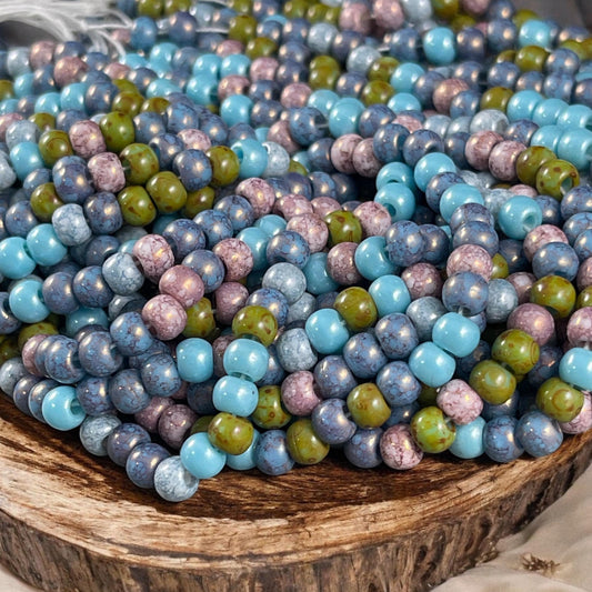 Aged Picasso Seed Beads - 4/0 Colorful Seed Bead Mix, 5x4mm Blue, Purple, Green and Pink Czech Glass Beads (4/0-KillerFrost) * 19" strand
