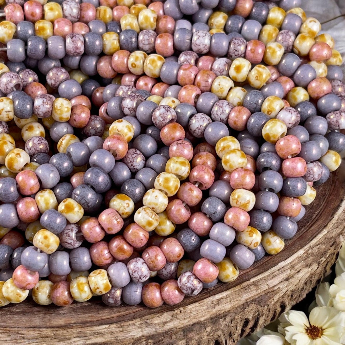 Aged Picasso Seed Beads - 4/0 Lavender and Pink Seed Bead Mix, 5x4mm Purple and Pink (4/0-ChBlossom) * 20" strand
