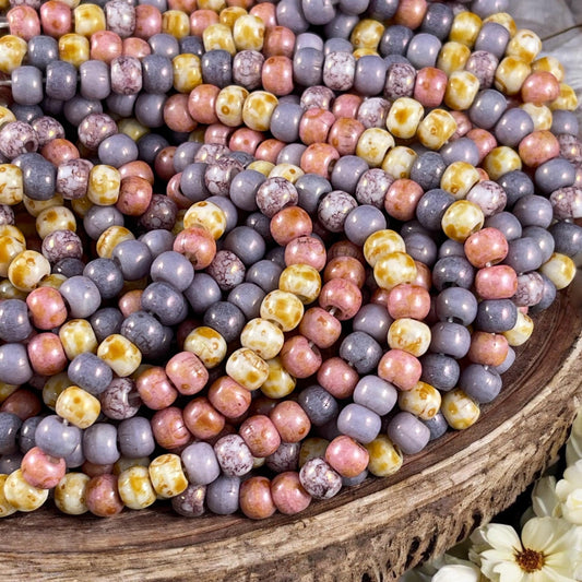 Aged Picasso Seed Beads - 4/0 Lavender and Pink Seed Bead Mix, 5x4mm Purple and Pink (4/0-ChBlossom) * 20" strand