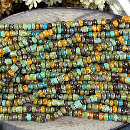Czech Glass Beads - 6/0 Seed Bead Mix with Tubes, 4mm Turquoise, Burgundy, Beige and Olive Green Picasso (6/0-Azul Heart) * 19" strand