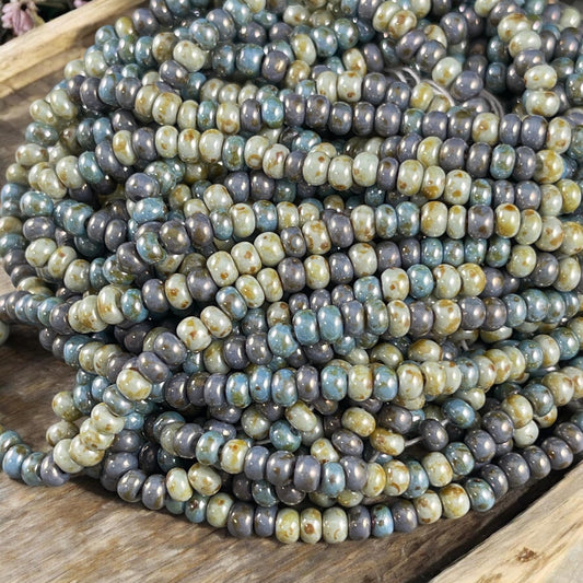 6/0 Picasso Seed Beads, 4mm Slate Blue, Sage Green and Lavender Aged Picasso Seed Bead Mix (6/0-Almond) * 21" strand