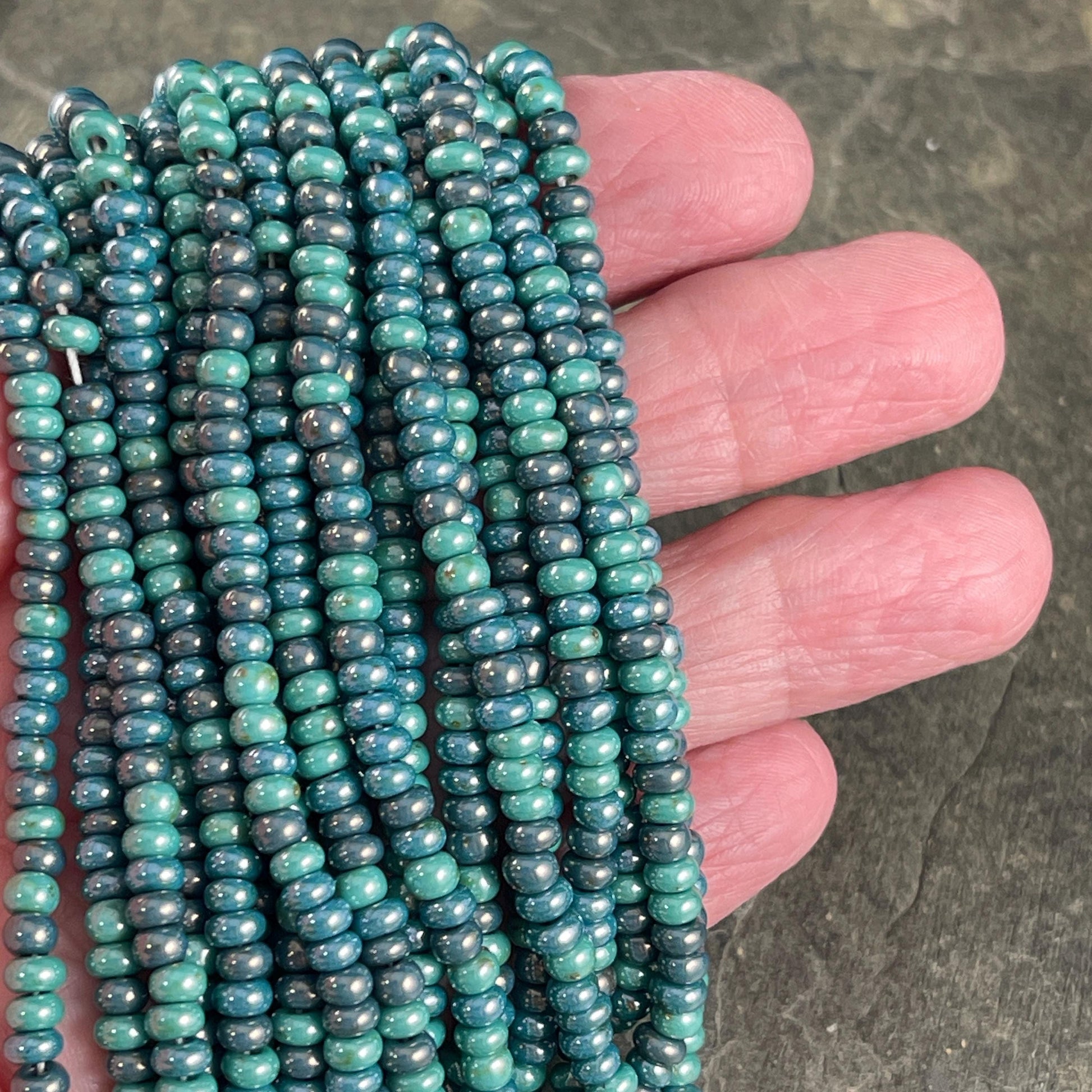 6/0 Picasso Seed Beads, 4mm Teal and Turquoise Aged Picasso Seed Bead Mix (6/0-Goblin) * 20" strand