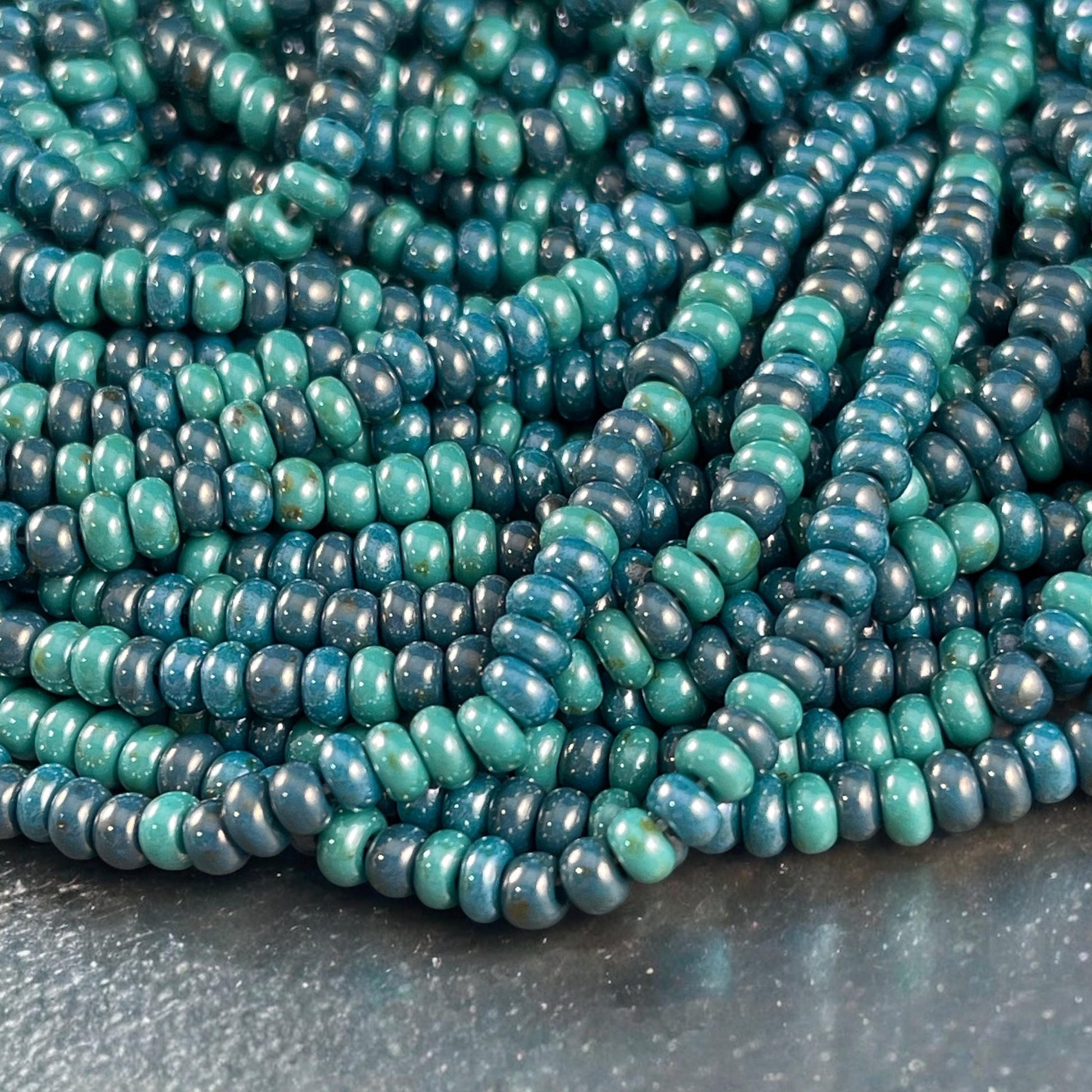6/0 Picasso Seed Beads, 4mm Teal and Turquoise Aged Picasso Seed Bead Mix (6/0-Goblin) * 20" strand