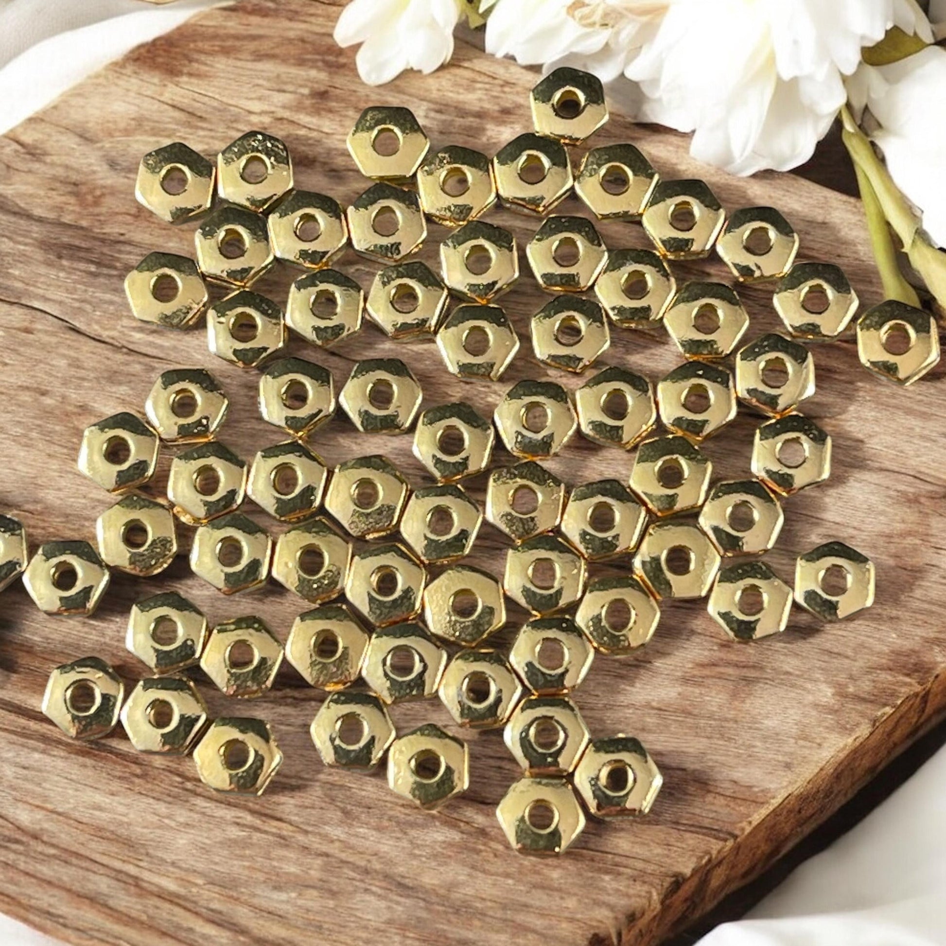 NEW TierraCast 4mm Gold Hexagonal Spacer Beads, Nickel Free 24k Gold Plated Pewter Hex Rondelle Beads (PF/387-12) * Qty. 50