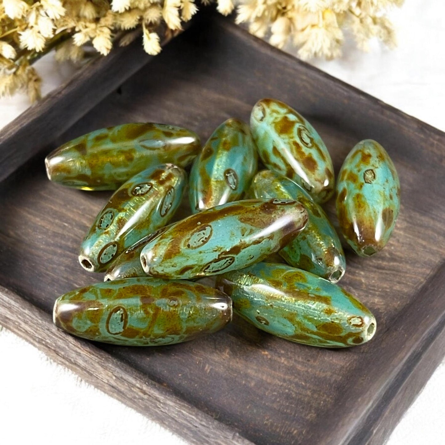 Aqua Picasso Beads, 19mm Oval Czech Glass Beads, Milky Transparent Aqua Green with Picasso Finish * Qty. 8 Beads