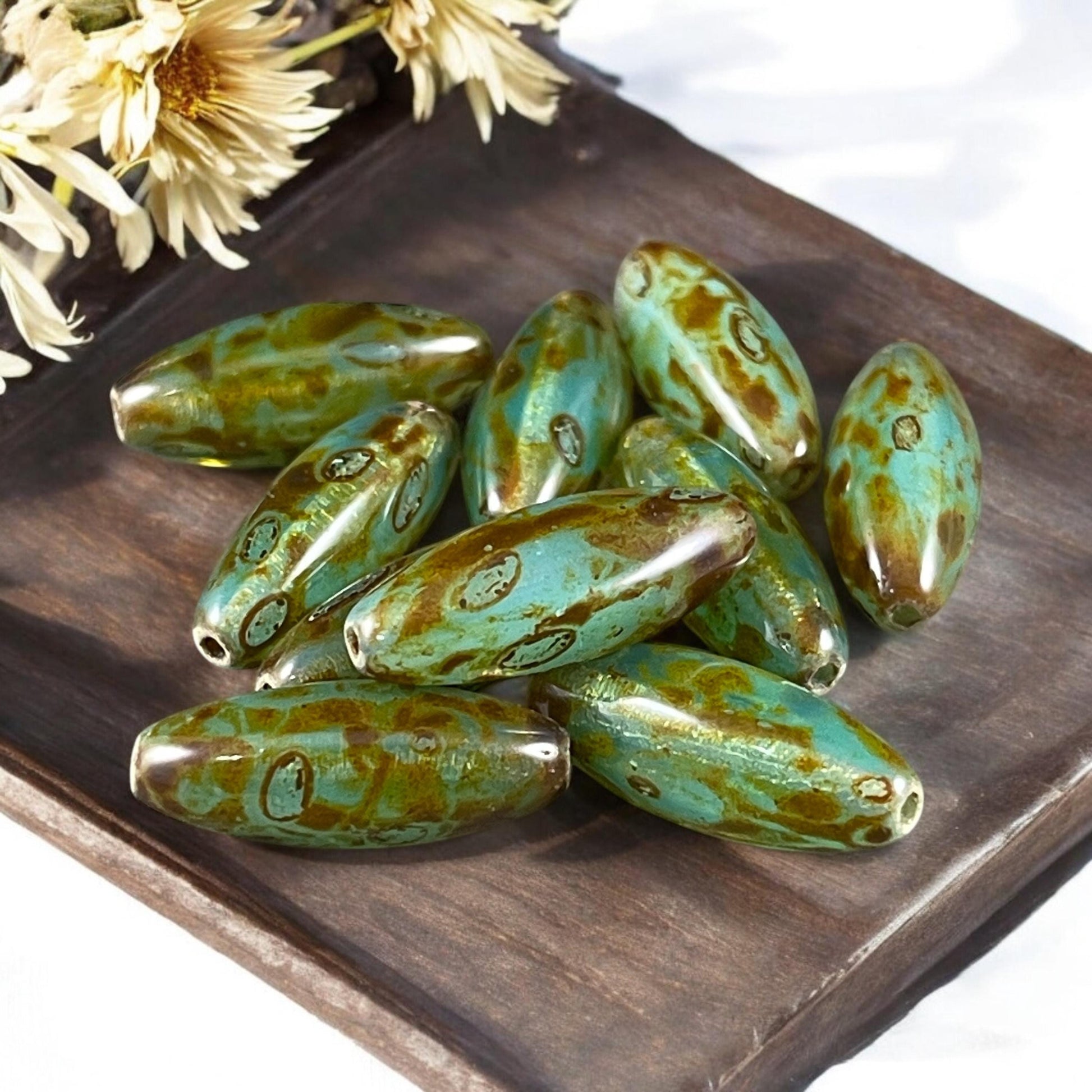 Aqua Picasso Beads, 19mm Oval Czech Glass Beads, Milky Transparent Aqua Green with Picasso Finish * Qty. 8 Beads