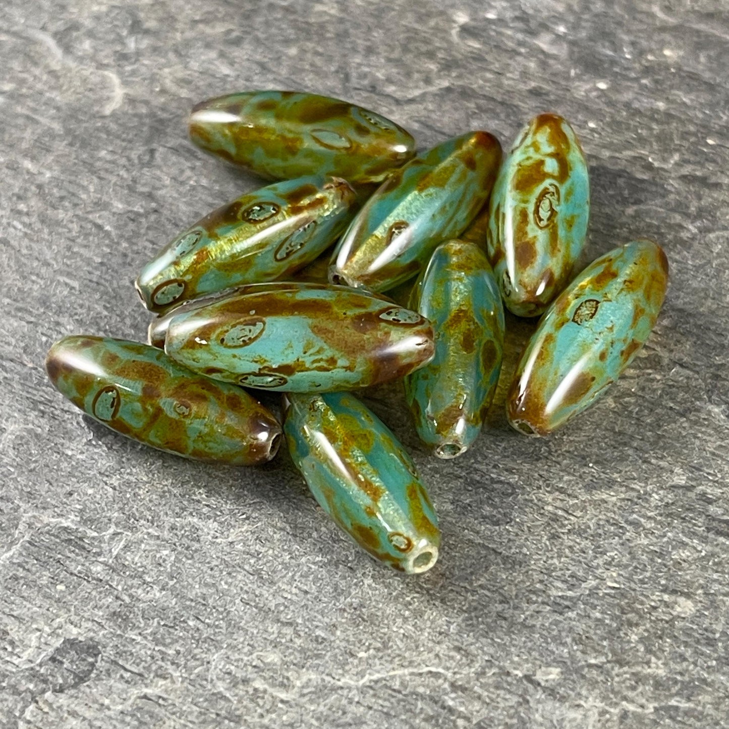 Aqua Picasso Beads, 19mm Oval Czech Glass Beads, Milky Transparent Aqua Green with Picasso Finish * Qty. 8 Beads