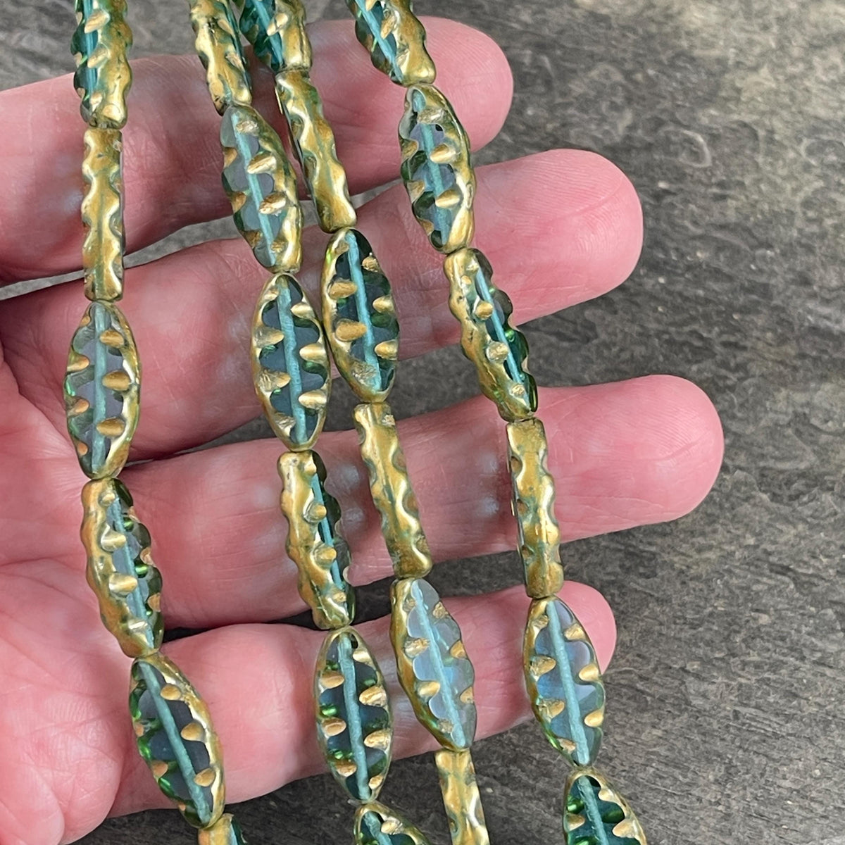 Czech Glass Beads - 17x8mm Textured Spindle, Caribbean Blue and Gold (TSpndl-11) * Qty. 8