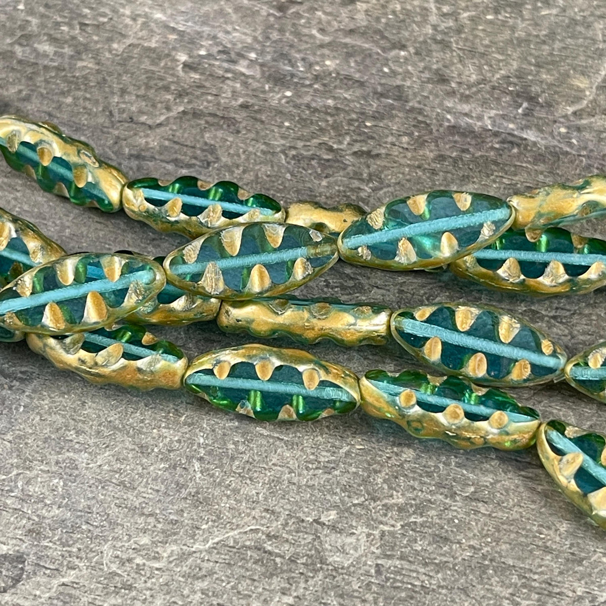 Czech Glass Beads - 17x8mm Textured Spindle, Caribbean Blue and Gold (TSpndl-11) * Qty. 8