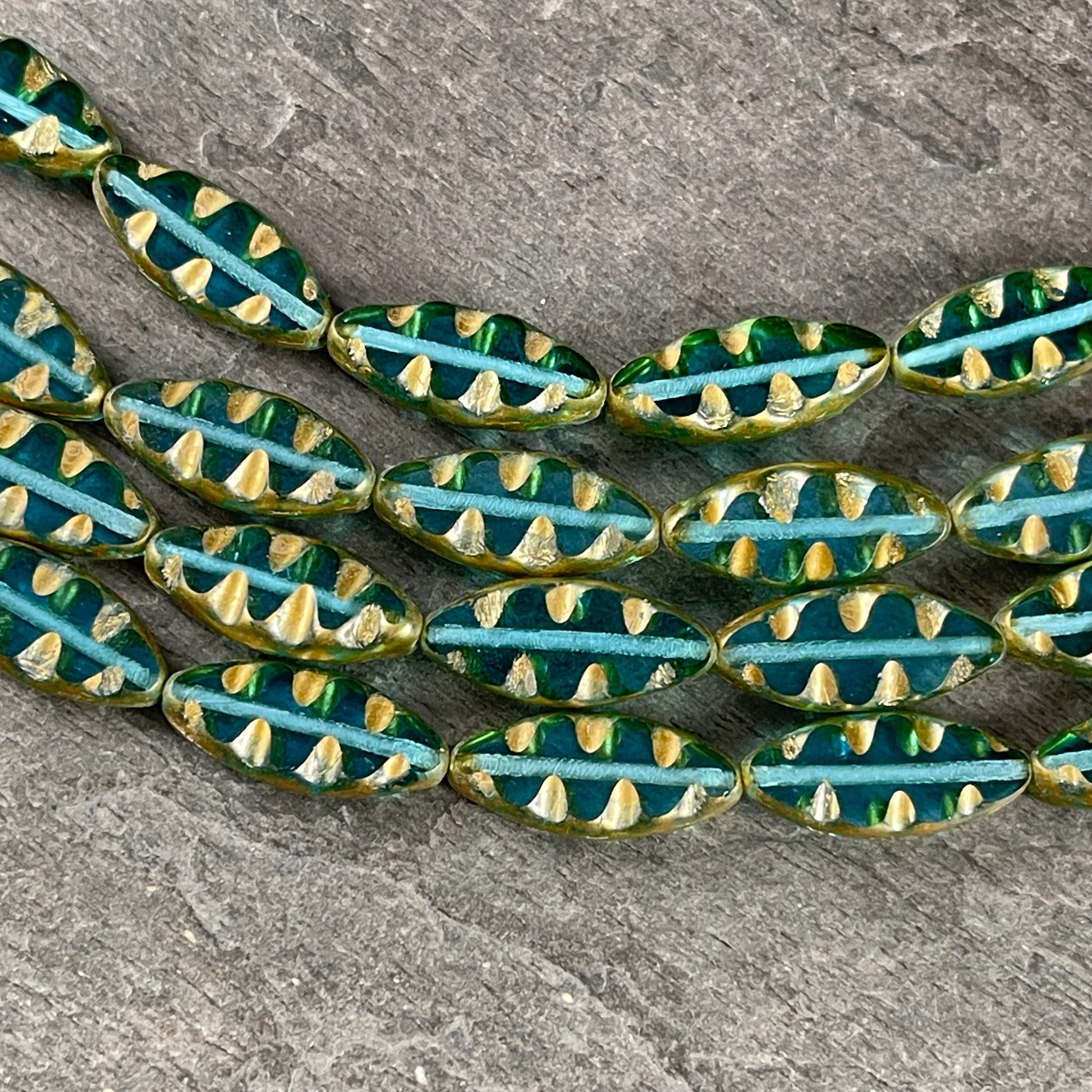 Caribbean Blue Oval Beads, Blue and Gold Textured Spindle Bead, 17x8mm Czech Glass Beads (TSpndl-11) * Qty. 8