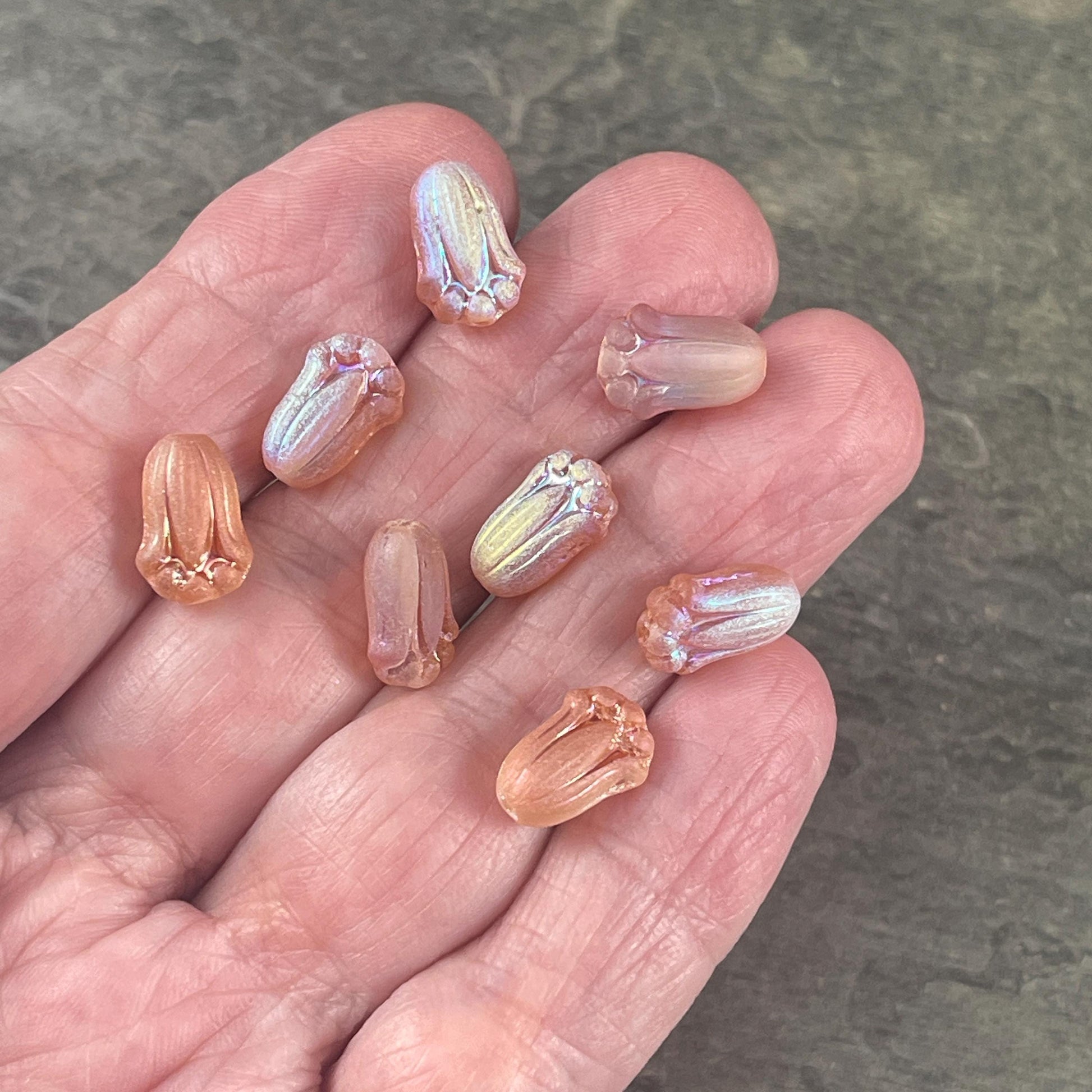 Peach Flower with AB Finish, Czech Glass Beads, 12x8mm Matte Peachy Lily Bud Flower (LBud-Pab) * Qty. 12