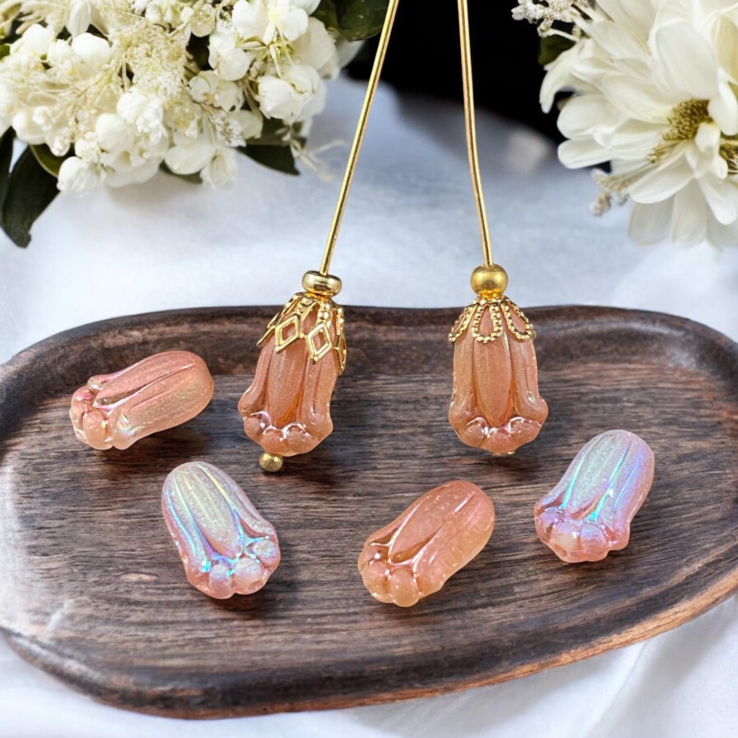 Peach Flower with AB Finish, Czech Glass Beads, 12x8mm Matte Peachy Lily Bud Flower (LBud-Pab) * Qty. 12