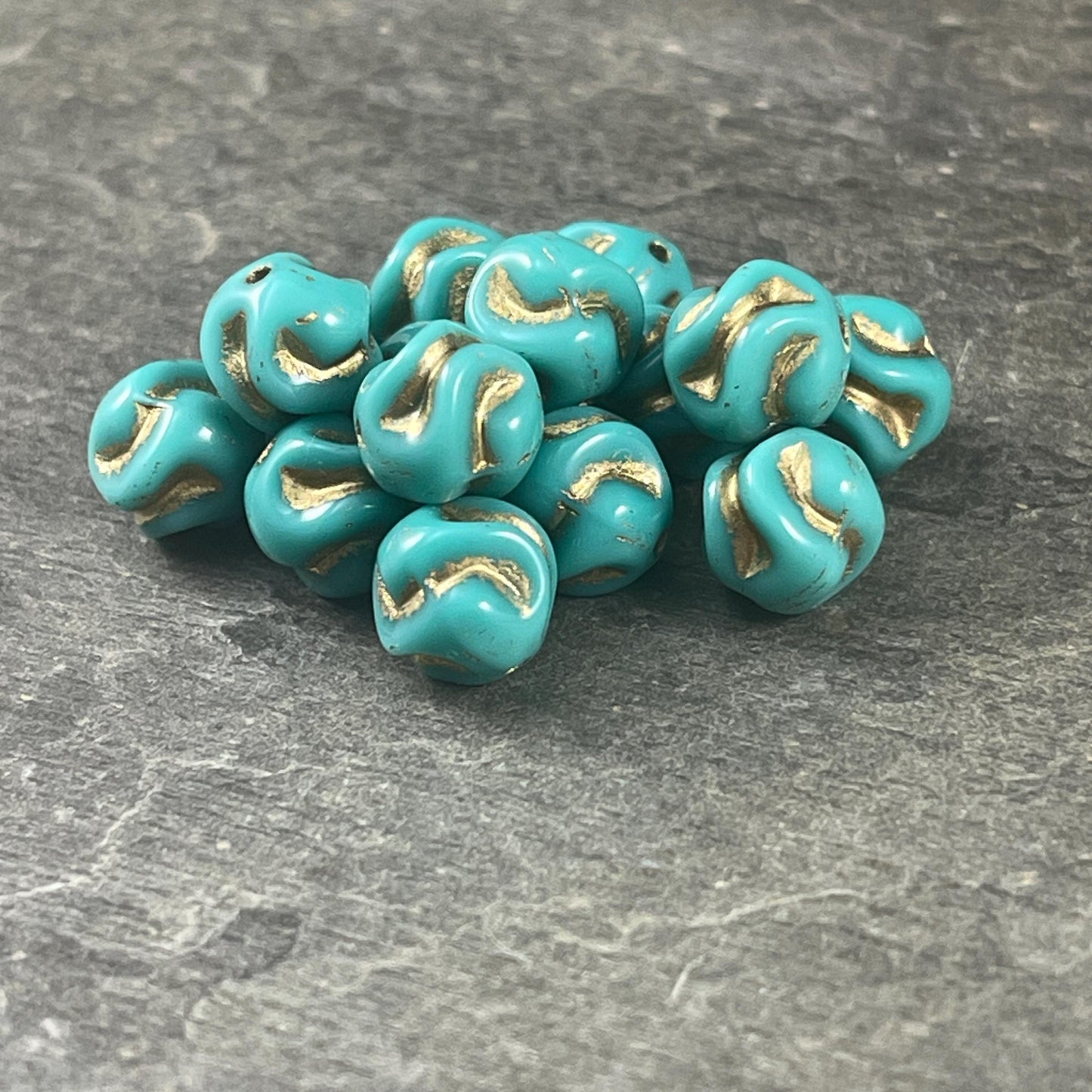 Czech Glass Beads - 8mm Turquoise Knots with Gold Wash, 8mm Opaque Turquoise Beads (Knot5) * Qty. 15