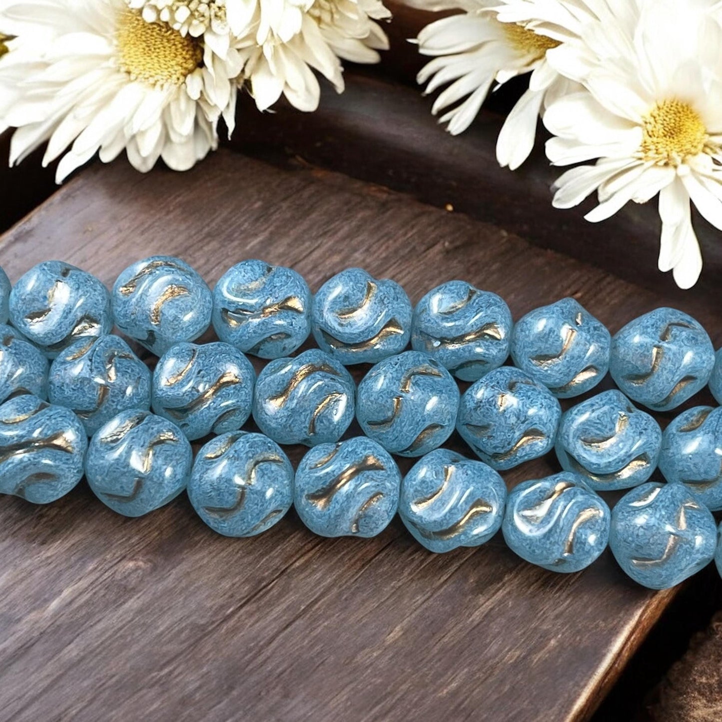 Czech Glass Beads - 8mm Light Blue Knots with Bronze Wash, Milky Light Sapphire Glass Beads (Knot-sb) * Qty. 15
