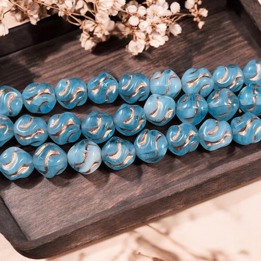 Czech Glass Beads - 8mm Blue Knots with Copper Wash, Sky Blue Glass Beads (Knot-bc) * Qty. 15