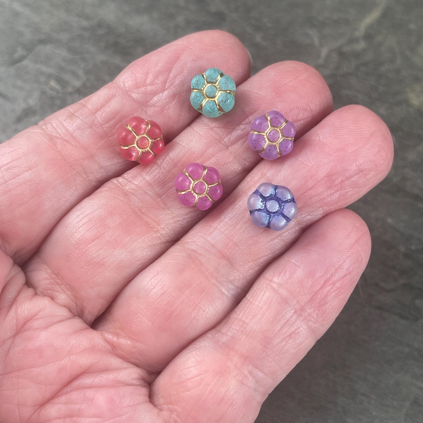 Czech Glass Beads - Tiny Blooms - 8.5mm Hot Pink Flower Beads, Bright Pink with Gold Wash (PTB2) * Qty. 16