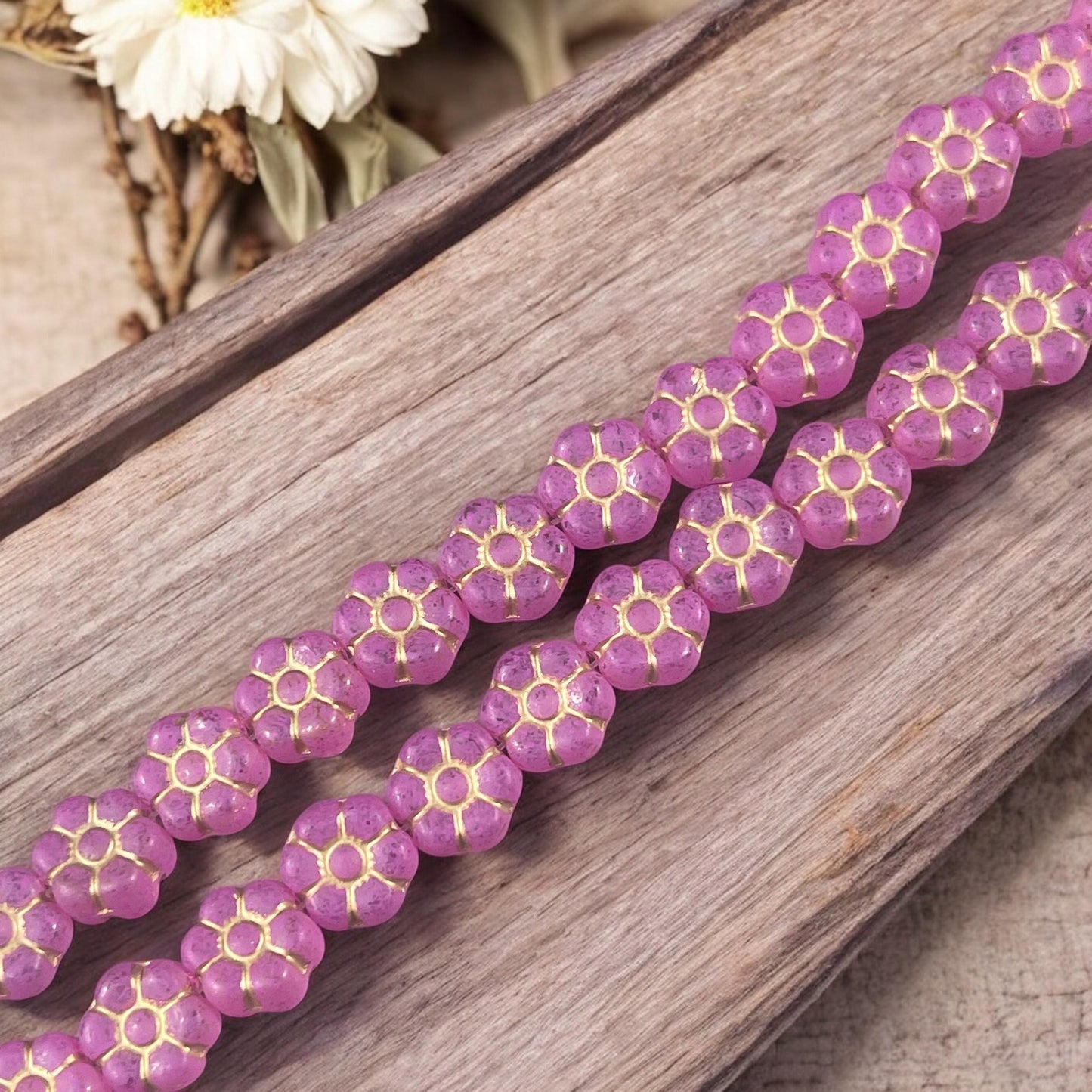 Czech Glass Beads - Tiny Blooms - 8.5mm Hot Pink Flower Beads, Bright Pink with Gold Wash (PTB2) * Qty. 16