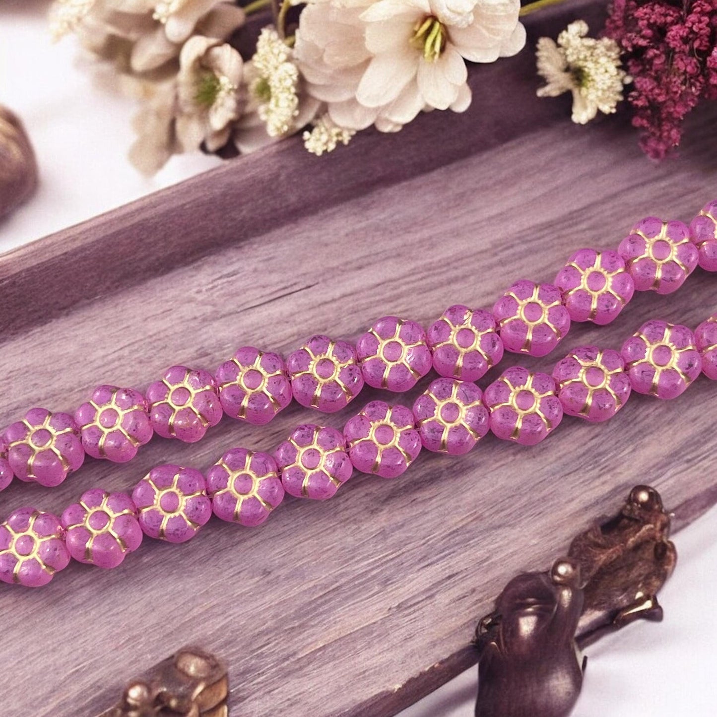 Czech Glass Flower Beads - 8.5mm Hot Pink Flower Beads, Bright Pink with Gold Wash * Qty. 16