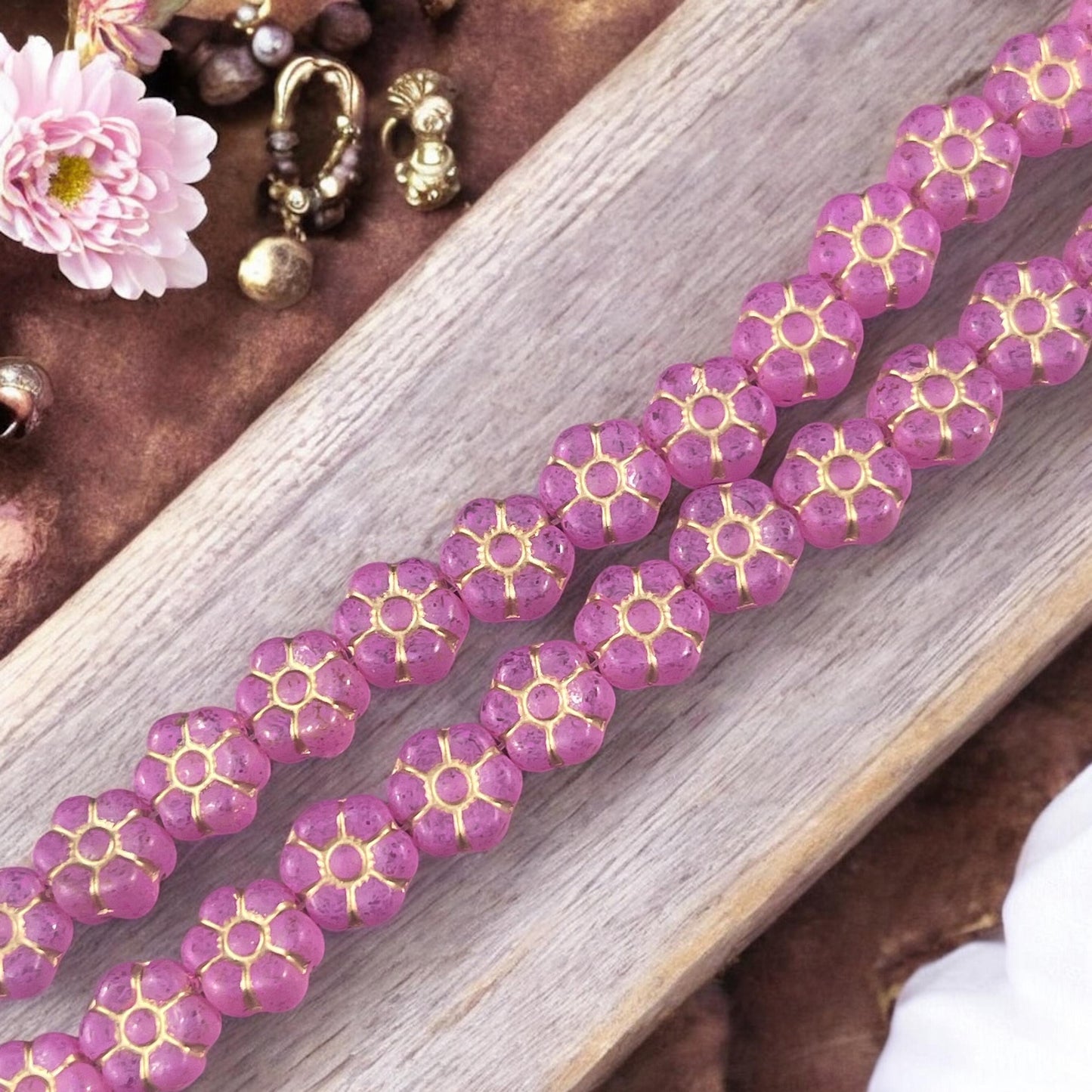 Czech Glass Flower Beads - 8.5mm Hot Pink Flower Beads, Bright Pink with Gold Wash * Qty. 16