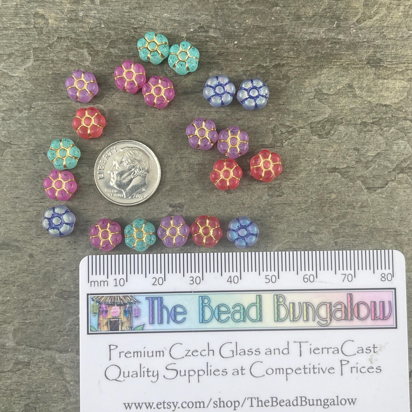 Czech Glass Beads - Tiny Blooms - 8.5mm Watermelon Red Flower Bead, Light Red with Gold Wash (PTB1) * Qty. 16